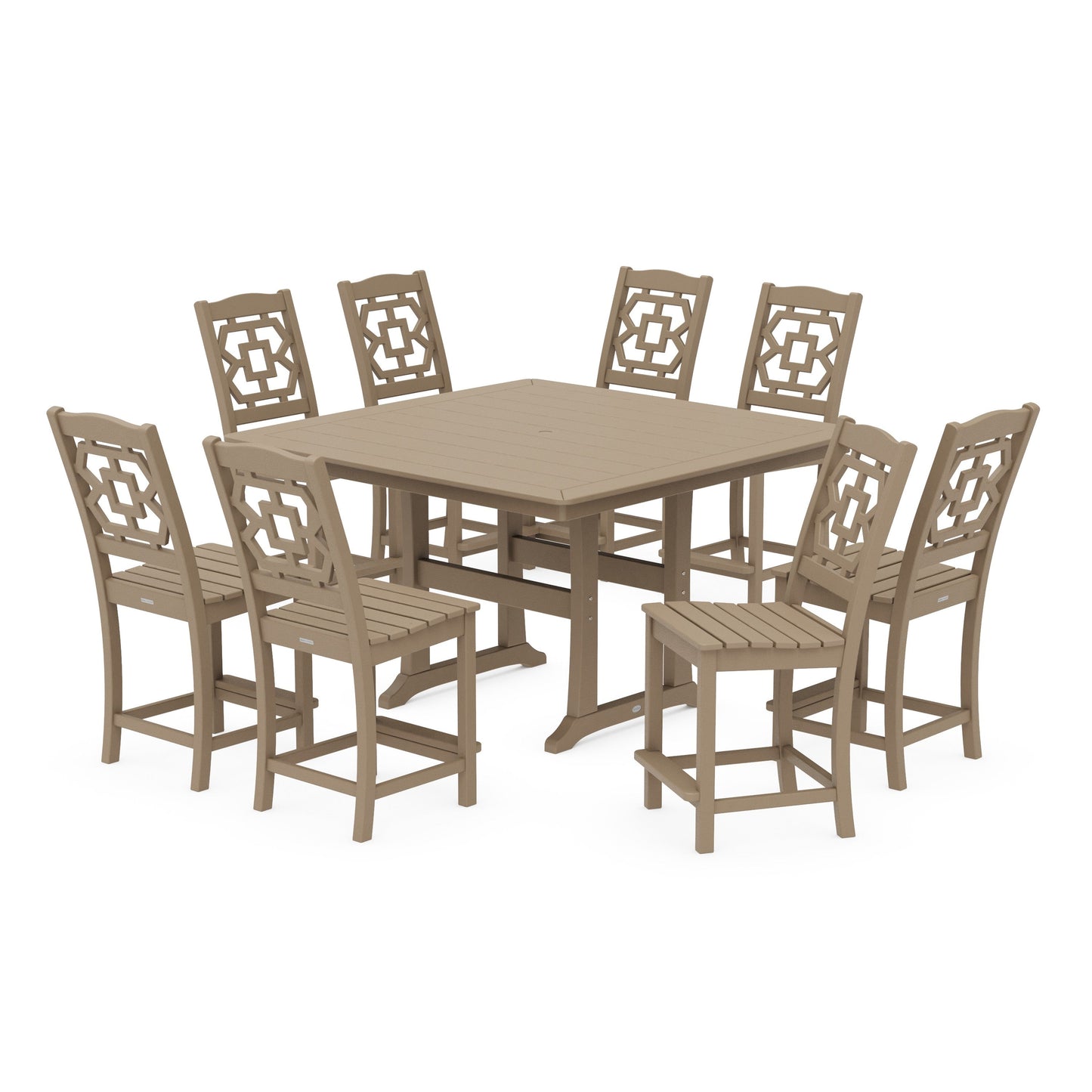 POLYWOOD Chinoiserie 9-Piece Square Side Chair Counter Set with Trestle Legs — Vintage Sahara