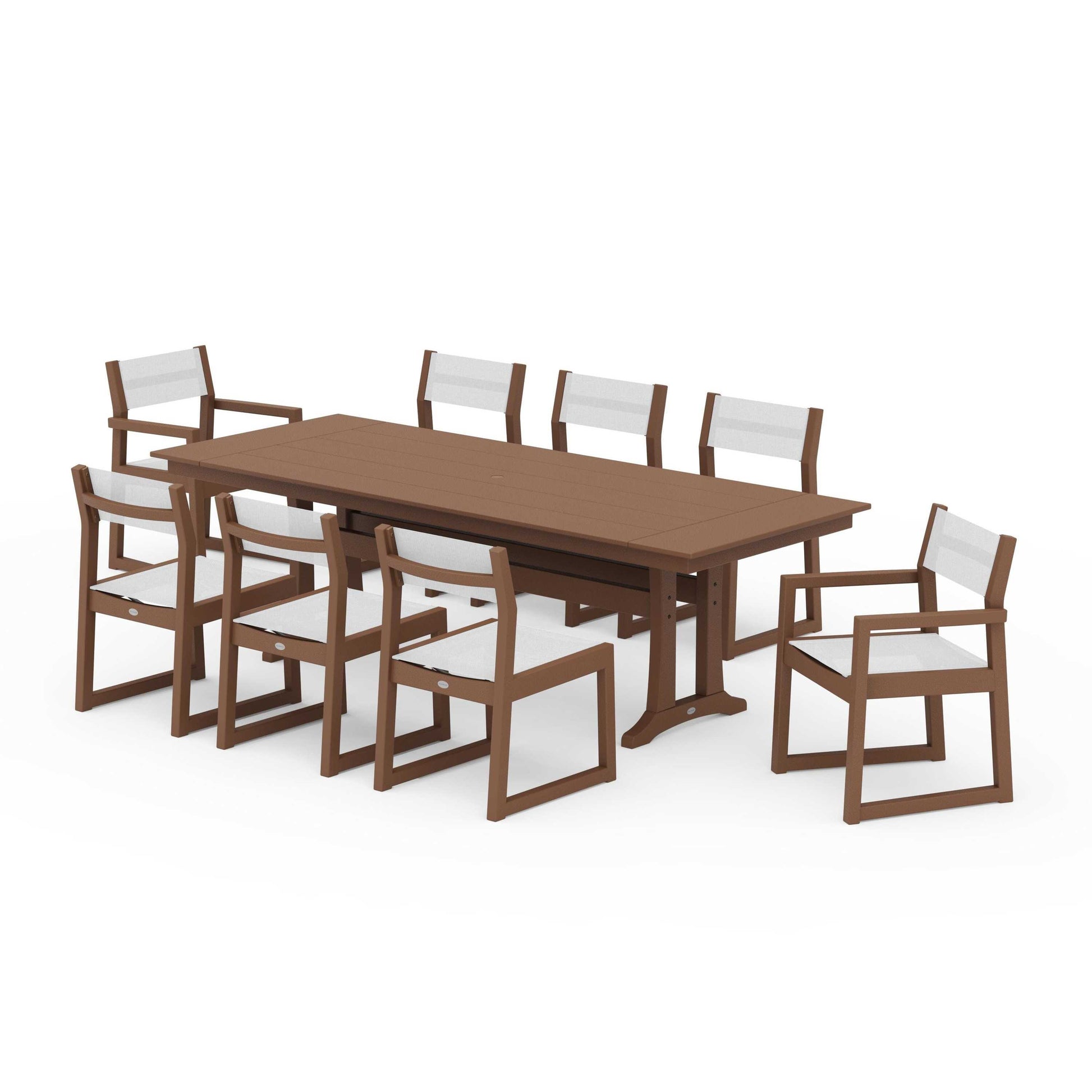 POLYWOOD EDGE Sling 9-Piece Farmhouse Trestle Dining Set — Teak / White Sling