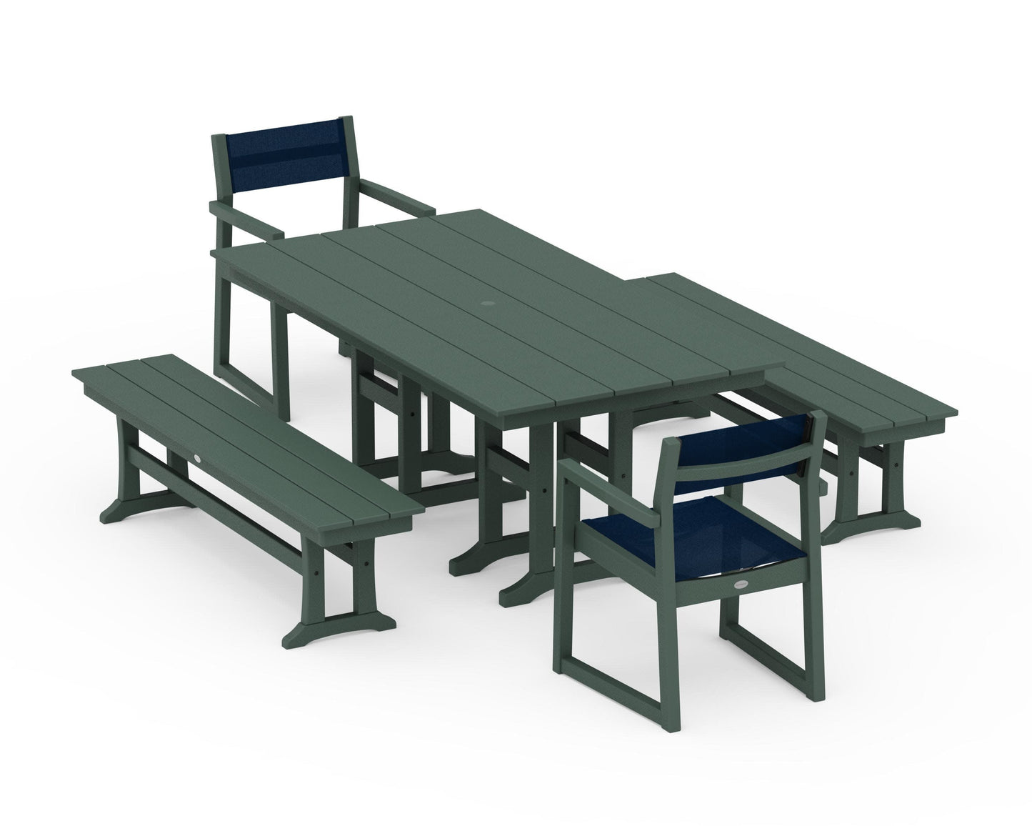 POLYWOOD EDGE Sling Arm Chair 5-Piece Farmhouse Dining Set with Benches — Green / Navy Blue Sling