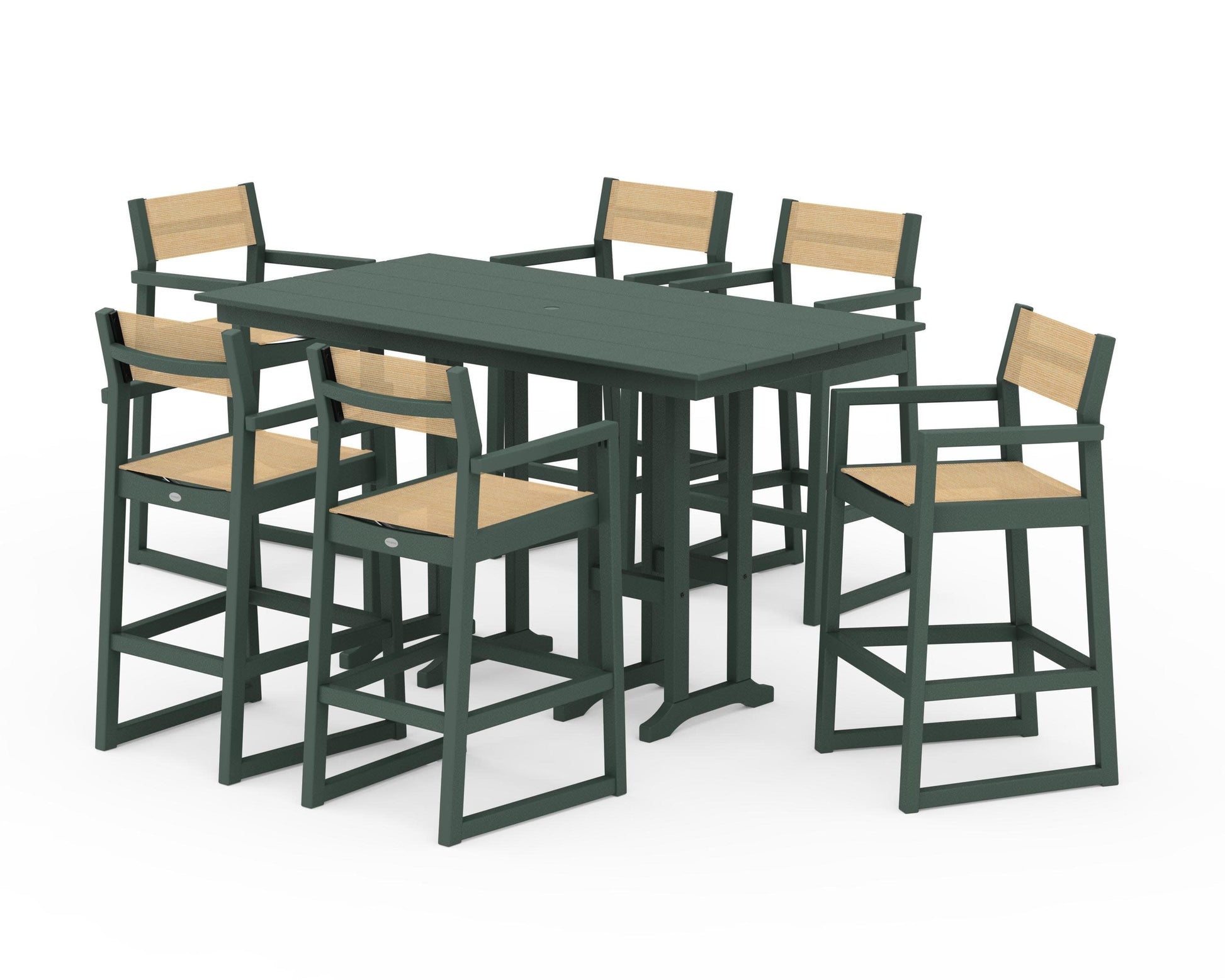 POLYWOOD EDGE Sling Arm Chair 7-Piece Farmhouse Bar Set — Green / Dupioni Apricot Sling