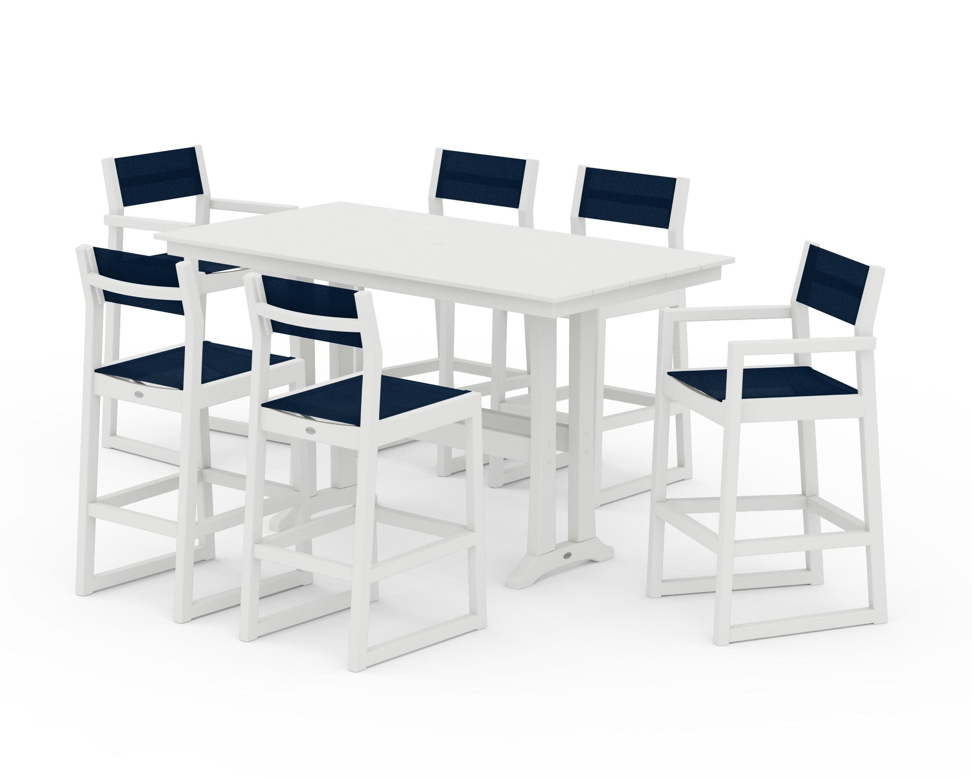 POLYWOOD EDGE Sling 7-Piece Farmhouse Bar Set with Trestle Legs — Vintage White / Navy Blue Sling