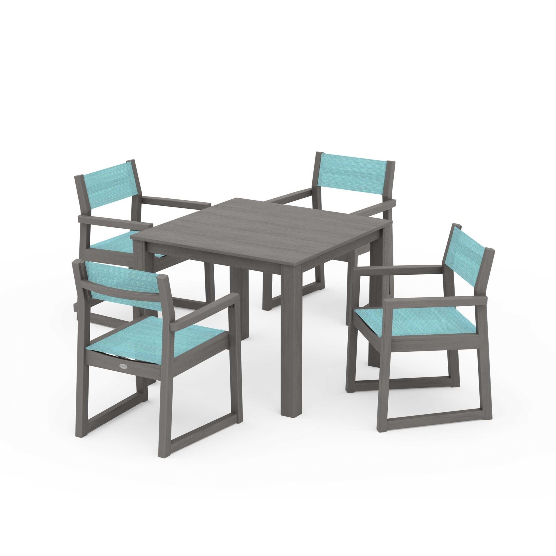 POLYWOOD EDGE Sling Arm Chair 5-Piece Parsons Dining Set — Driftwood / Dupioni Aquamarine Sling