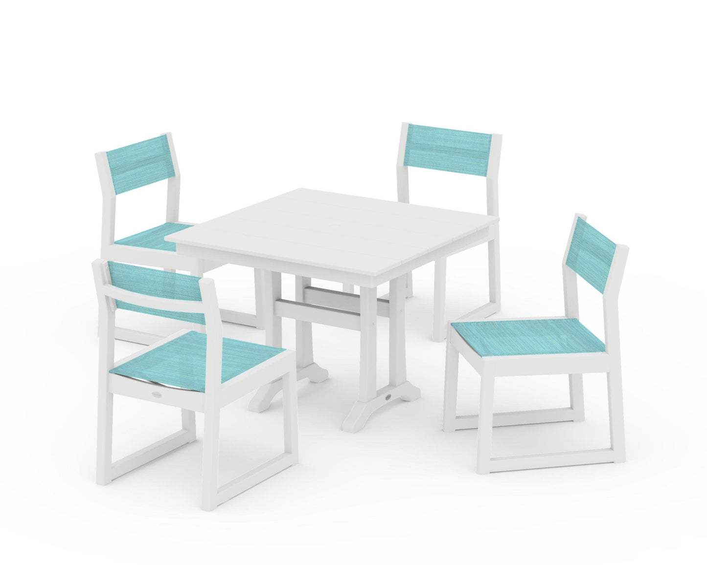 POLYWOOD EDGE Sling 5-Piece Farmhouse Trestle Side Chair Dining Set — White / Dupioni Aquamarine Sling