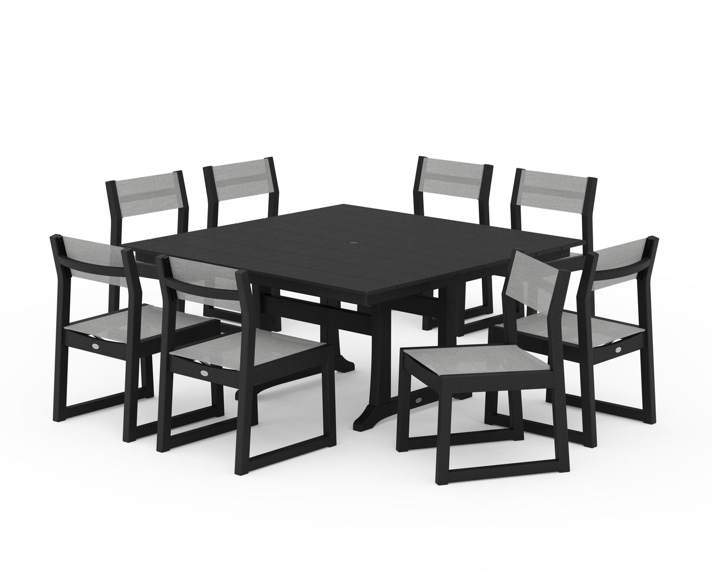 POLYWOOD EDGE Sling Side Chair 9-Piece Farmhouse Trestle Dining Set — Black / Metallic Sling