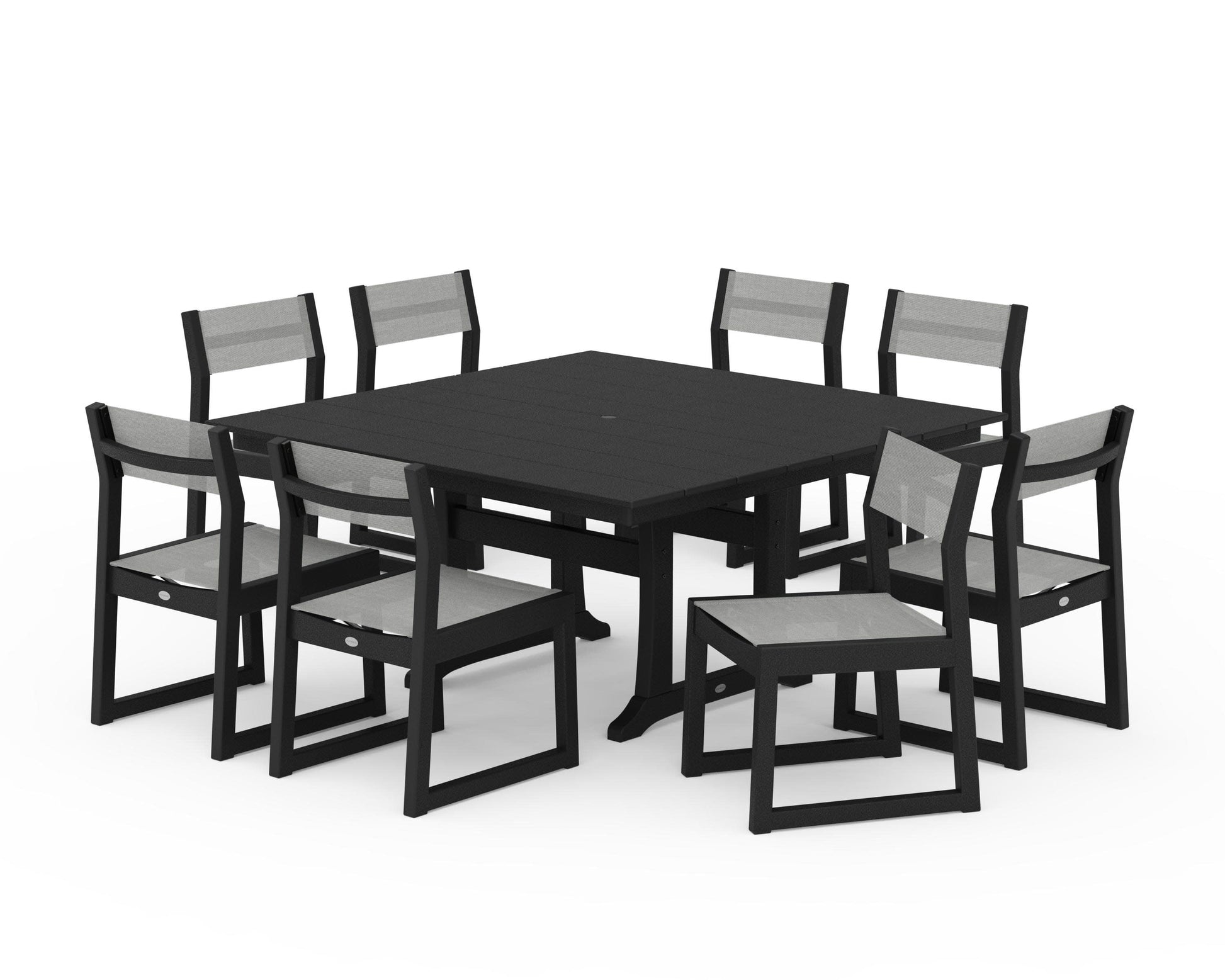 POLYWOOD EDGE Sling Side Chair 9-Piece Farmhouse Trestle Dining Set — Black / Metallic Sling