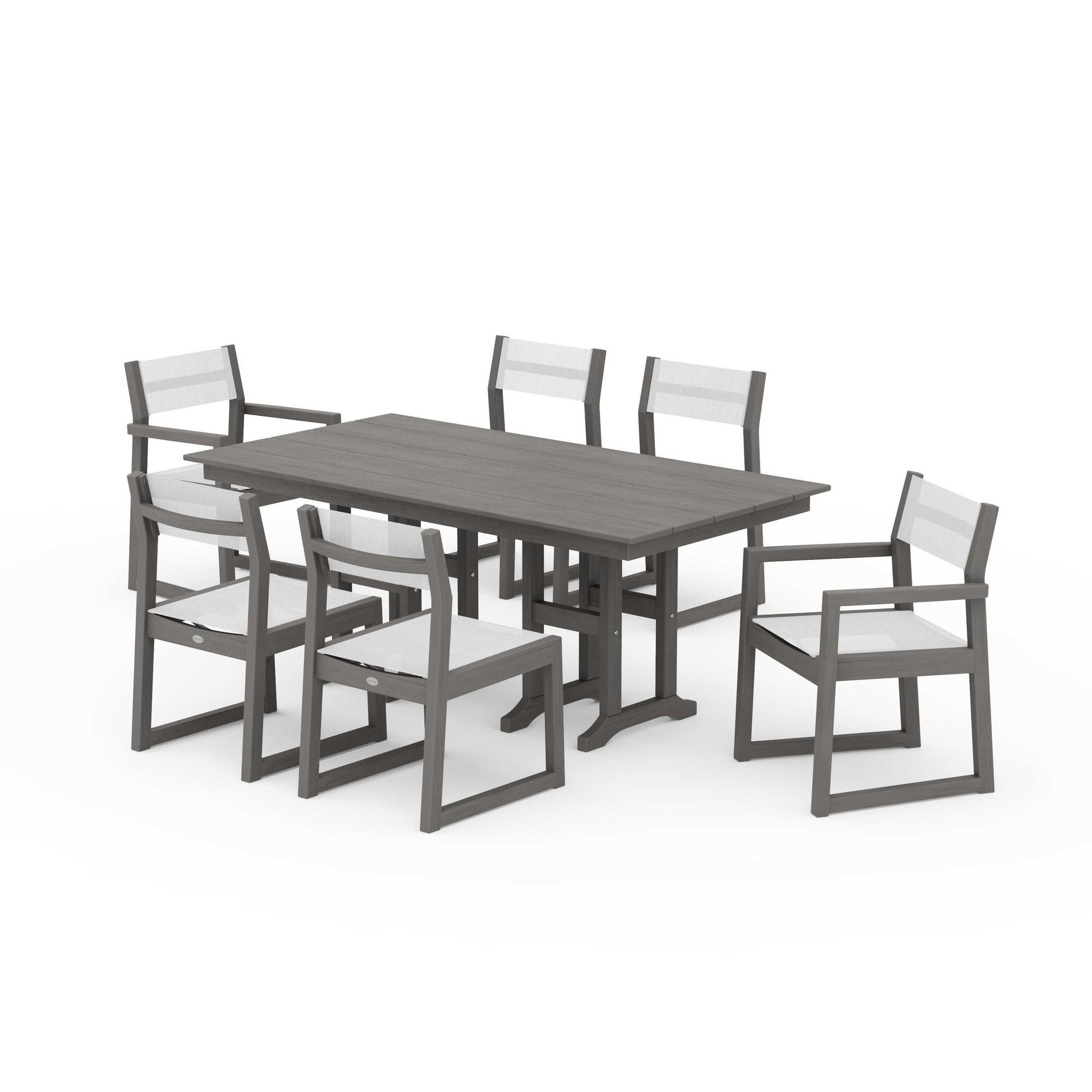 POLYWOOD EDGE Sling 7-Piece Farmhouse Dining Set — Driftwood / White Sling