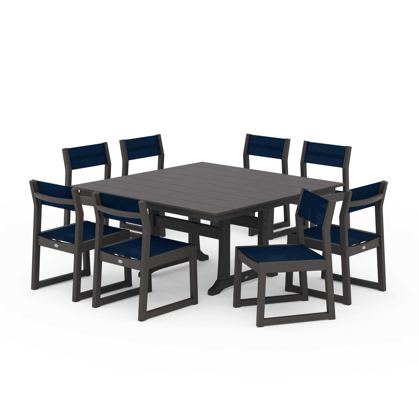 POLYWOOD EDGE Sling Side Chair 9-Piece Farmhouse Trestle Dining Set — Vintage Coffee / Navy Blue Sling