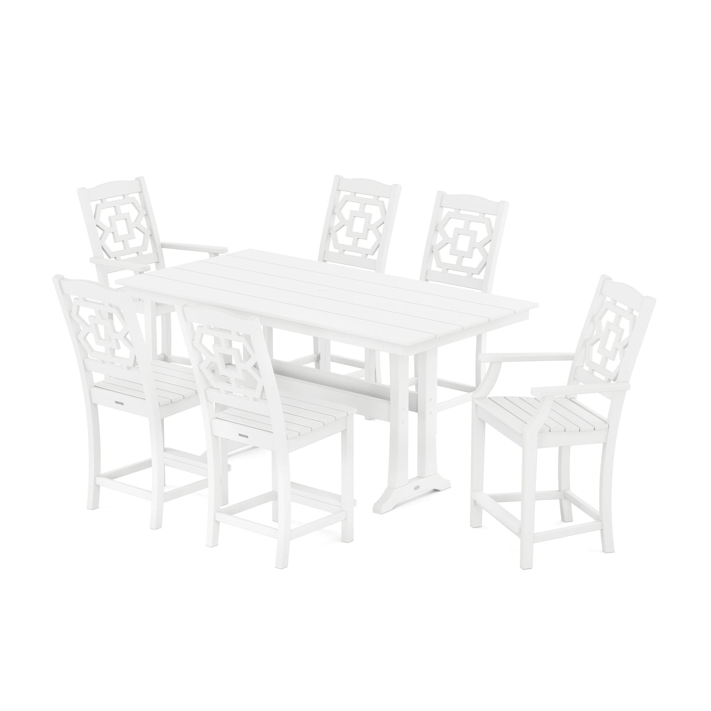 POLYWOOD Chinoiserie 7-Piece Farmhouse Counter Set with Trestle Legs — White