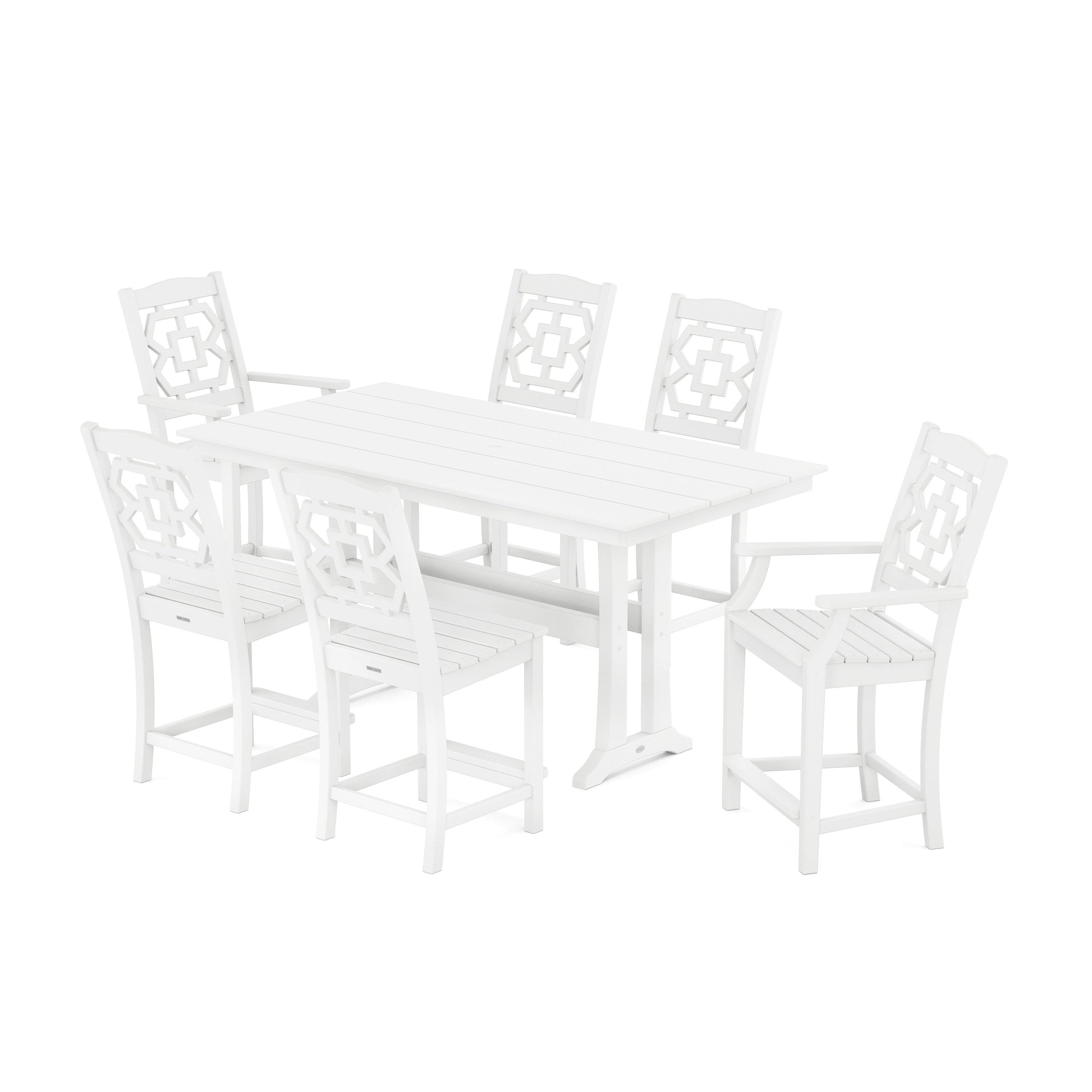 POLYWOOD Chinoiserie 7-Piece Farmhouse Counter Set with Trestle Legs — White