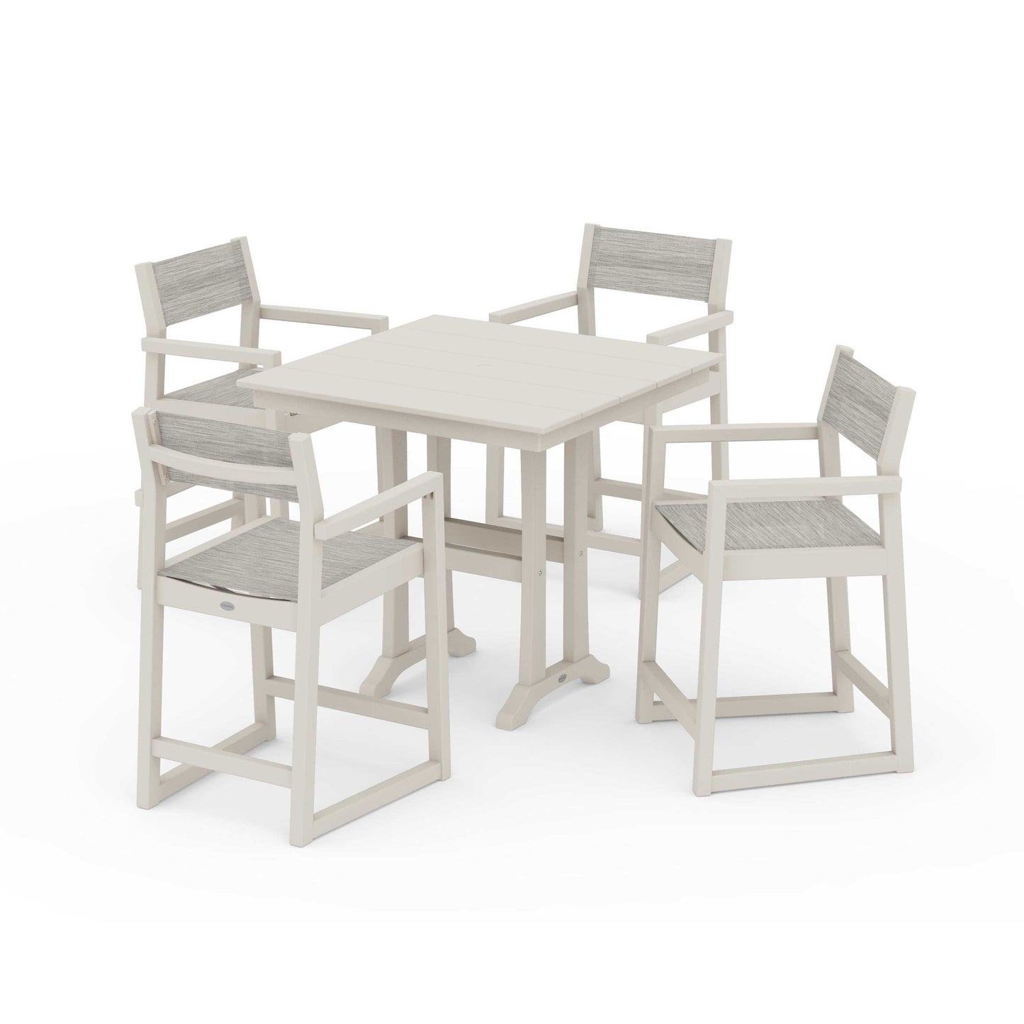 POLYWOOD EDGE Sling Arm Chair 5-Piece Farmhouse Counter Set with Trestle Legs — Sand / Birch Sling