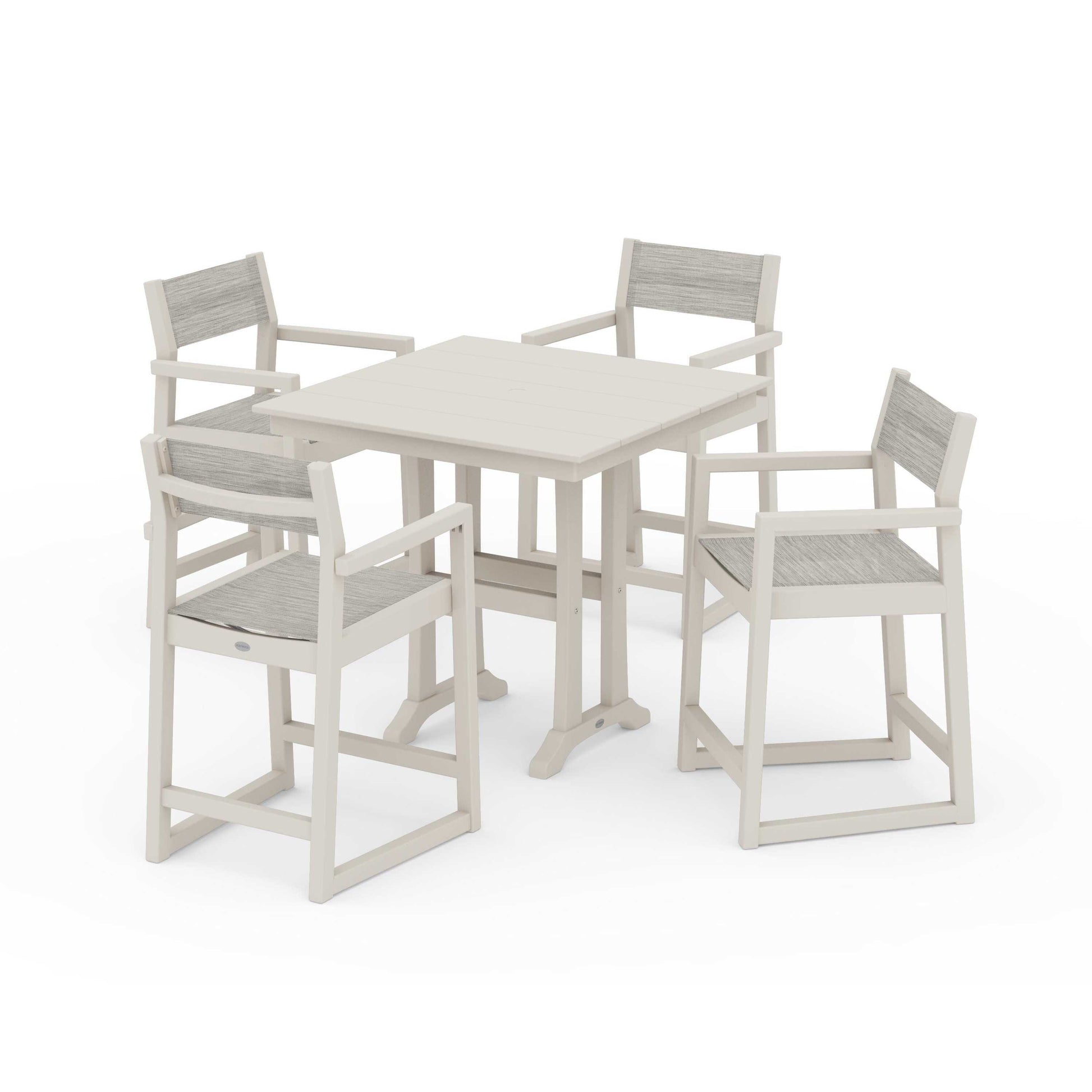 POLYWOOD EDGE Sling Arm Chair 5-Piece Farmhouse Counter Set with Trestle Legs — Sand / Birch Sling