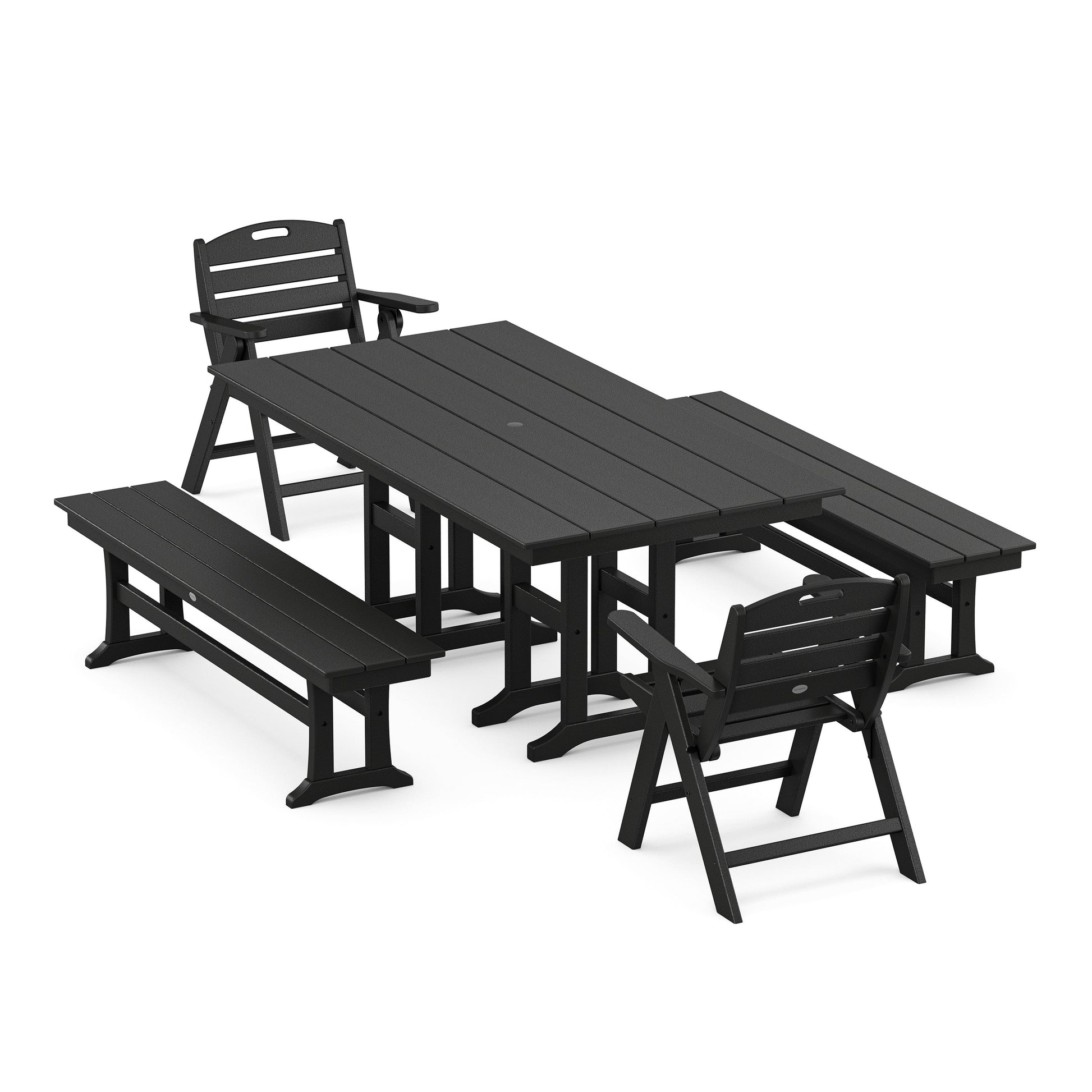POLYWOOD Nautical Lowback 5-Piece Farmhouse Dining Set with Benches — Black
