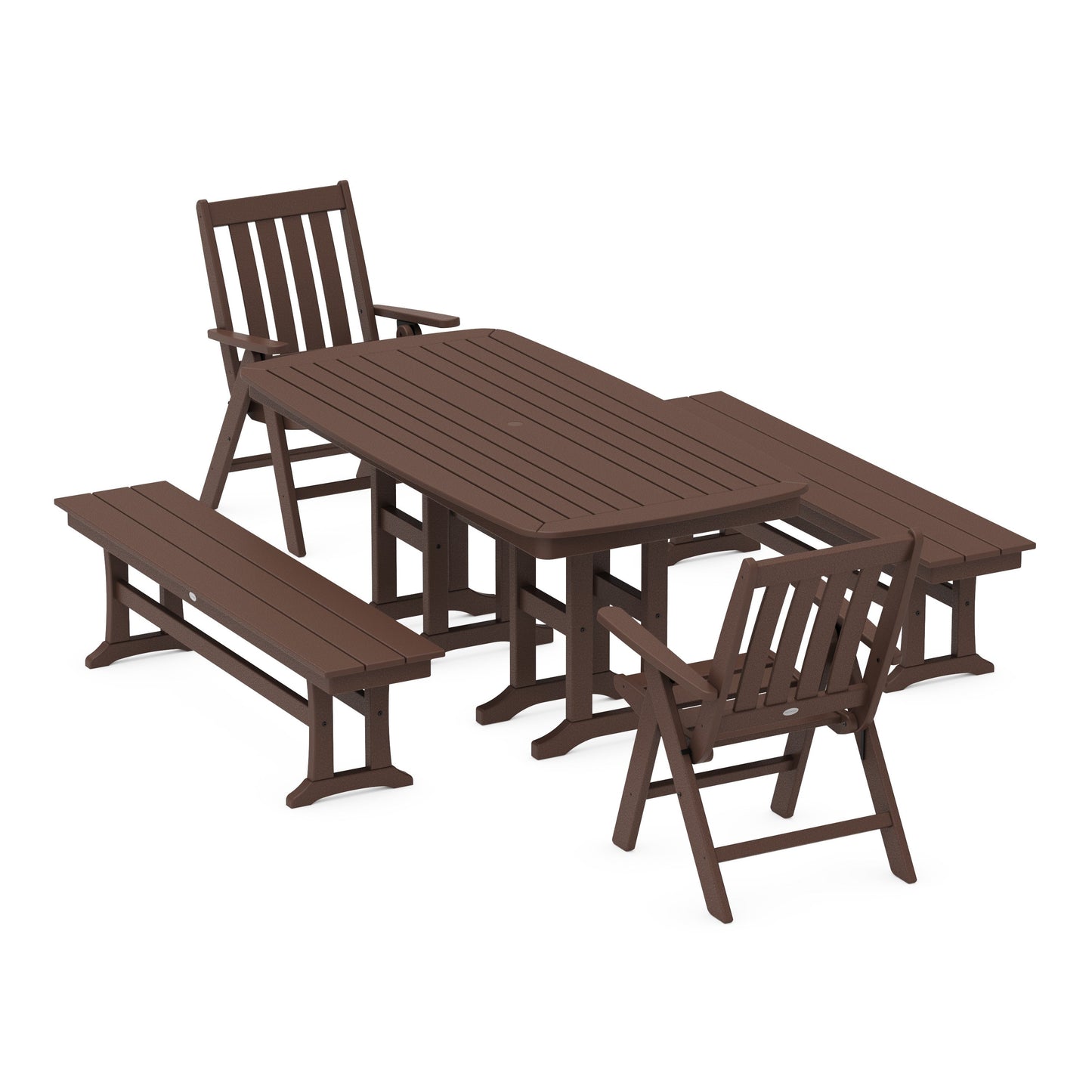 POLYWOOD Vineyard Folding Chair 6-Piece Dining Set with Benches — Mahogany
