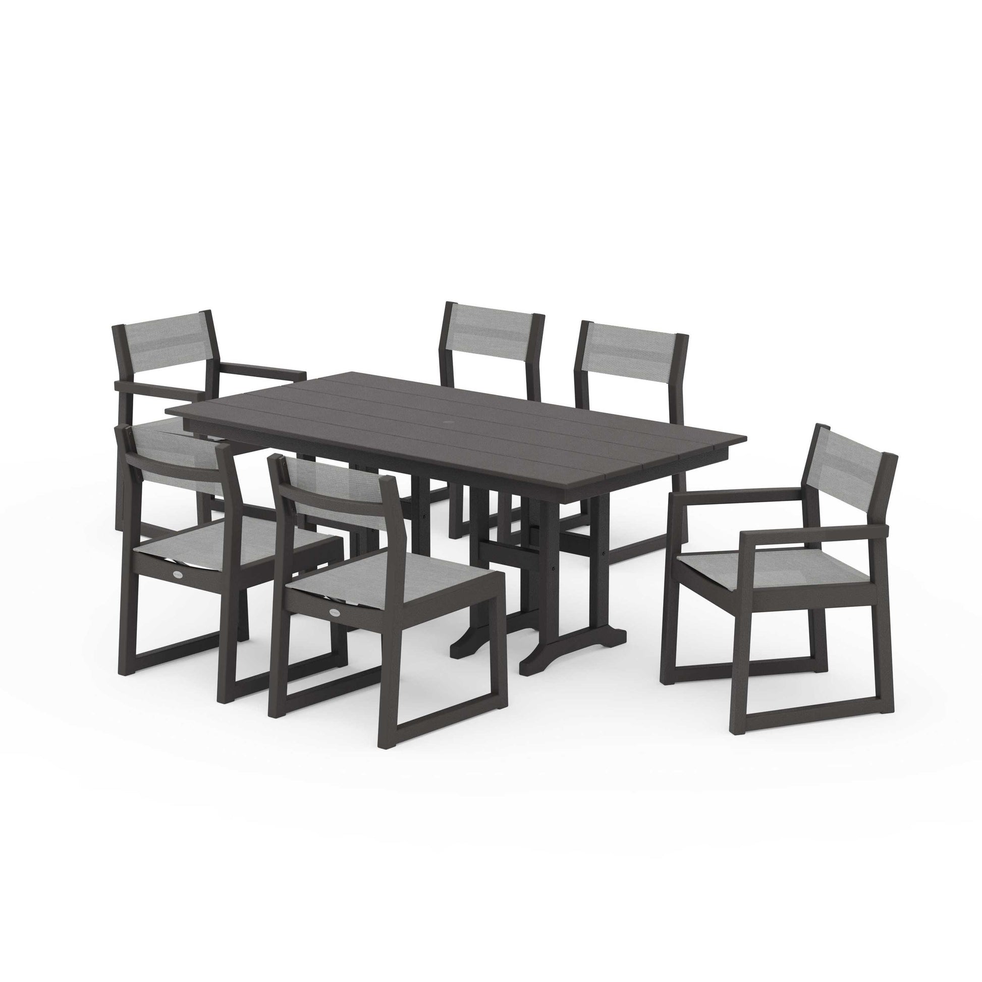 POLYWOOD EDGE Sling 7-Piece Farmhouse Dining Set — Vintage Coffee / Metallic Sling