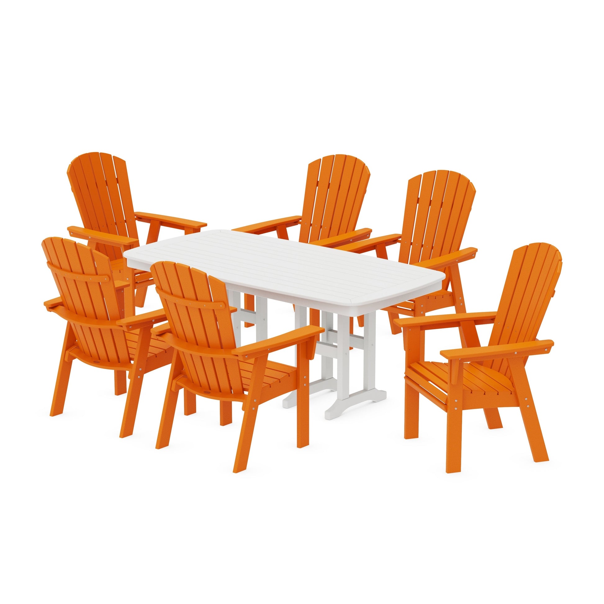 POLYWOOD Nautical Curveback Adirondack 7-Piece Dining Set — Tangerine / White