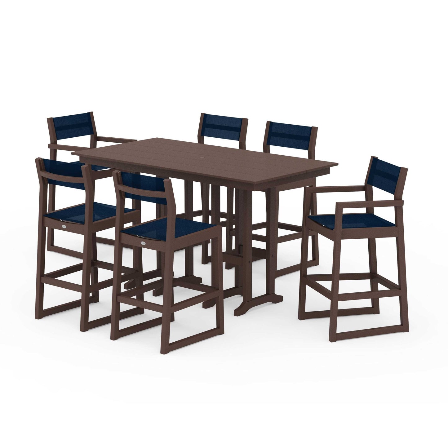 POLYWOOD EDGE Sling 7-Piece Farmhouse Bar Set — Mahogany / Navy Blue Sling