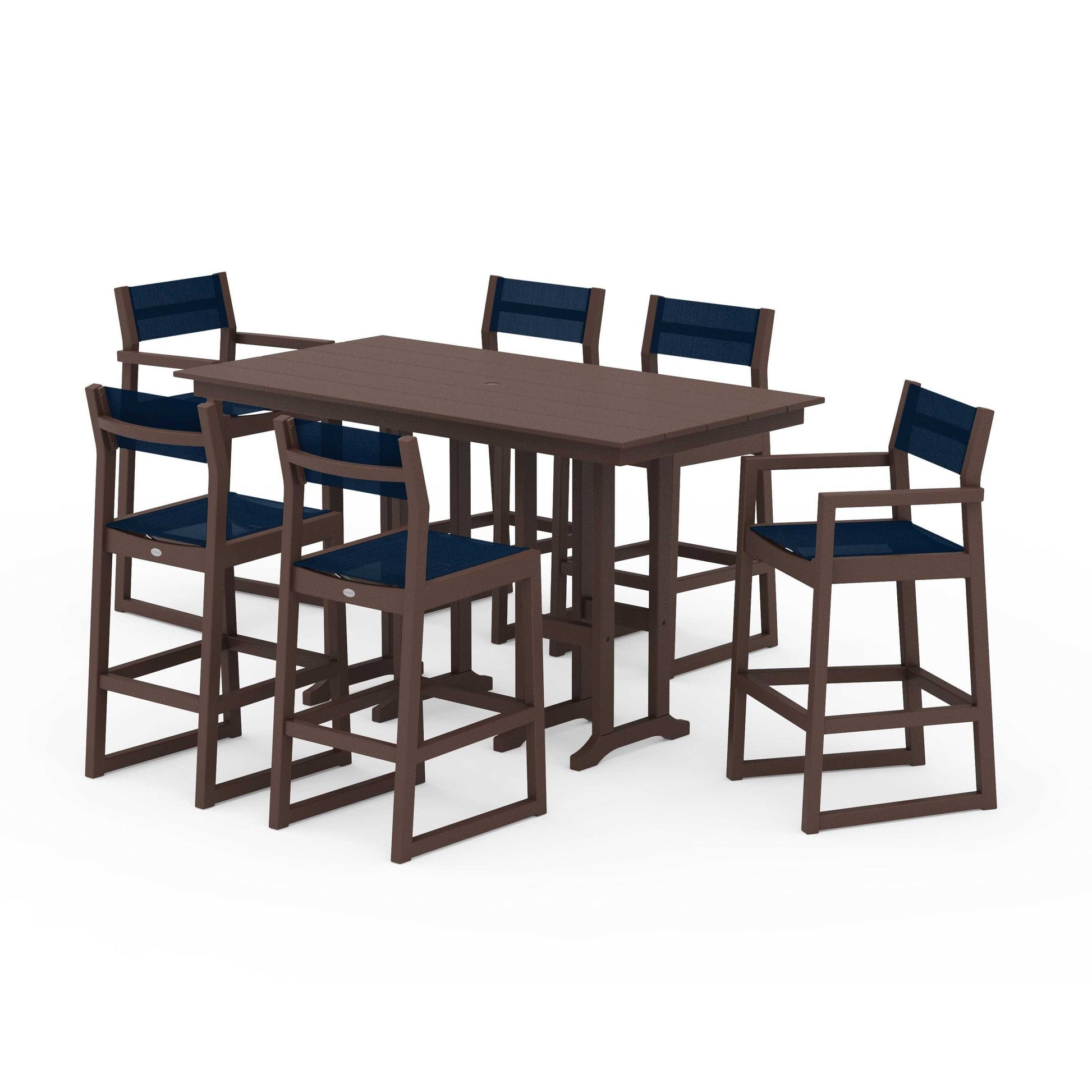 POLYWOOD EDGE Sling 7-Piece Farmhouse Bar Set — Mahogany / Navy Blue Sling