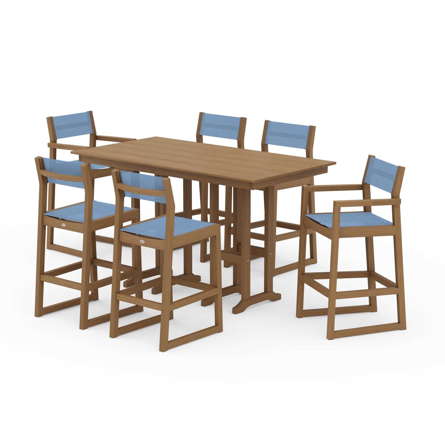 POLYWOOD EDGE Sling 7-Piece Farmhouse Bar Set — Natural / Poolside Sling