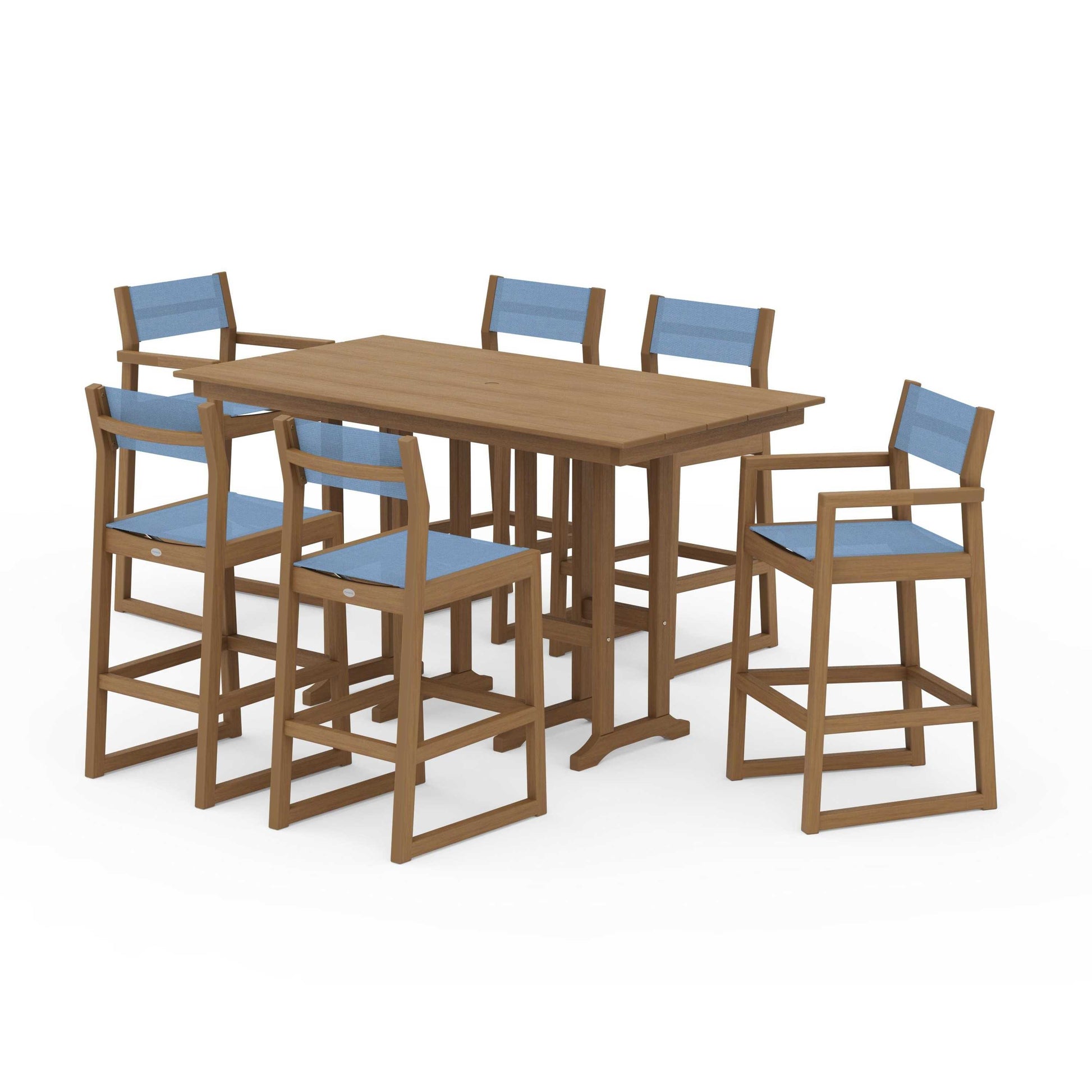 POLYWOOD EDGE Sling 7-Piece Farmhouse Bar Set — Natural / Poolside Sling