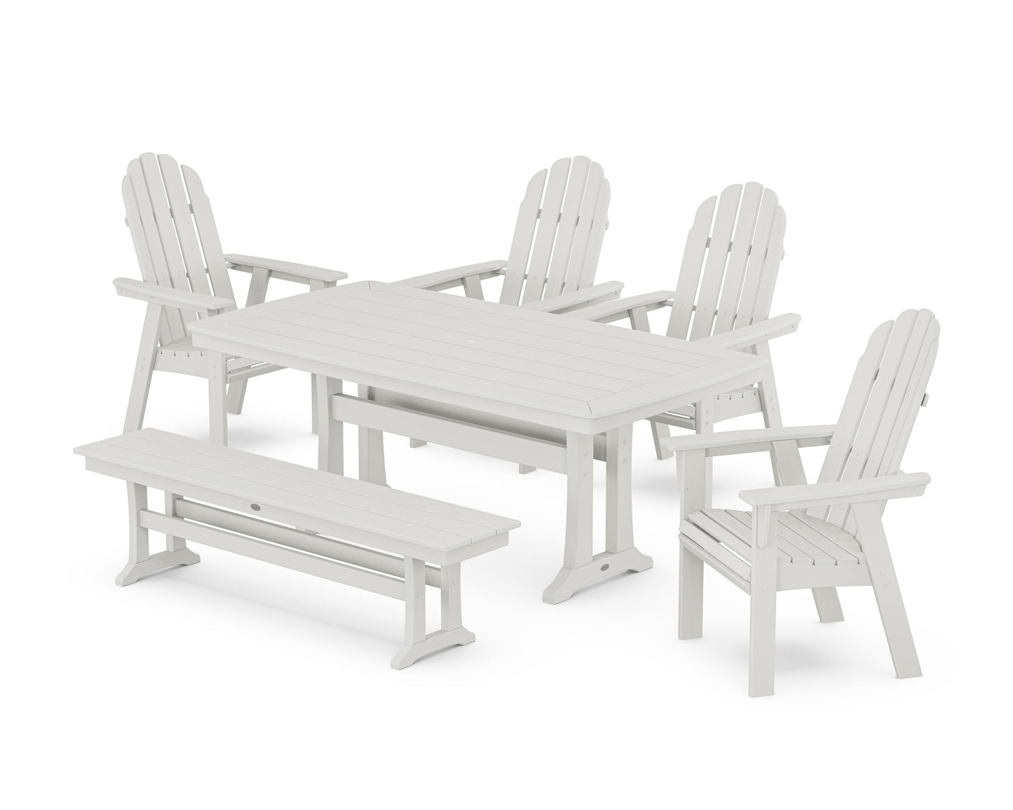 POLYWOOD Vineyard Curveback Adirondack Chair 6-Piece Dining Set with Trestle Legs and Bench — Vintage White