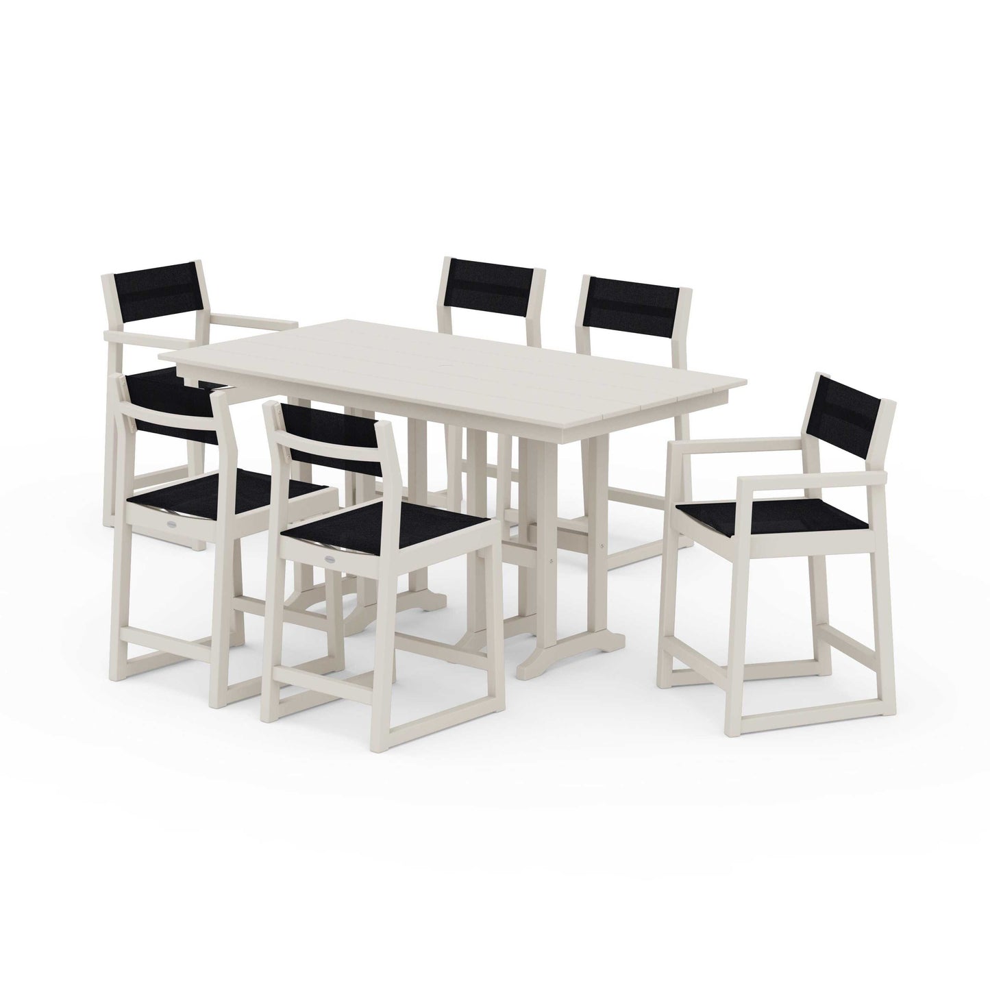 POLYWOOD EDGE Sling 7-Piece Farmhouse Counter Set with Trestle Legs — Sand / Black Sling