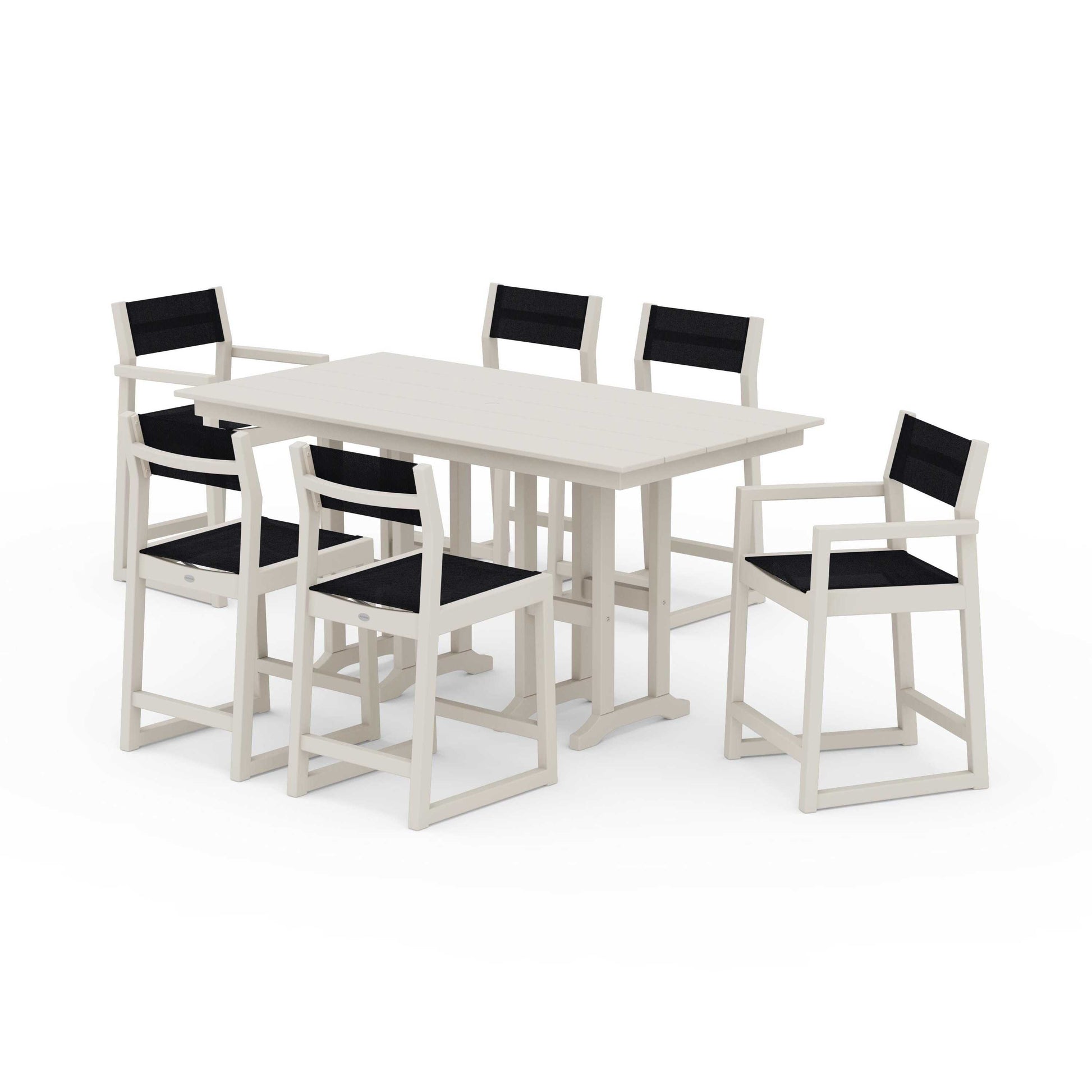 POLYWOOD EDGE Sling 7-Piece Farmhouse Counter Set with Trestle Legs — Sand / Black Sling