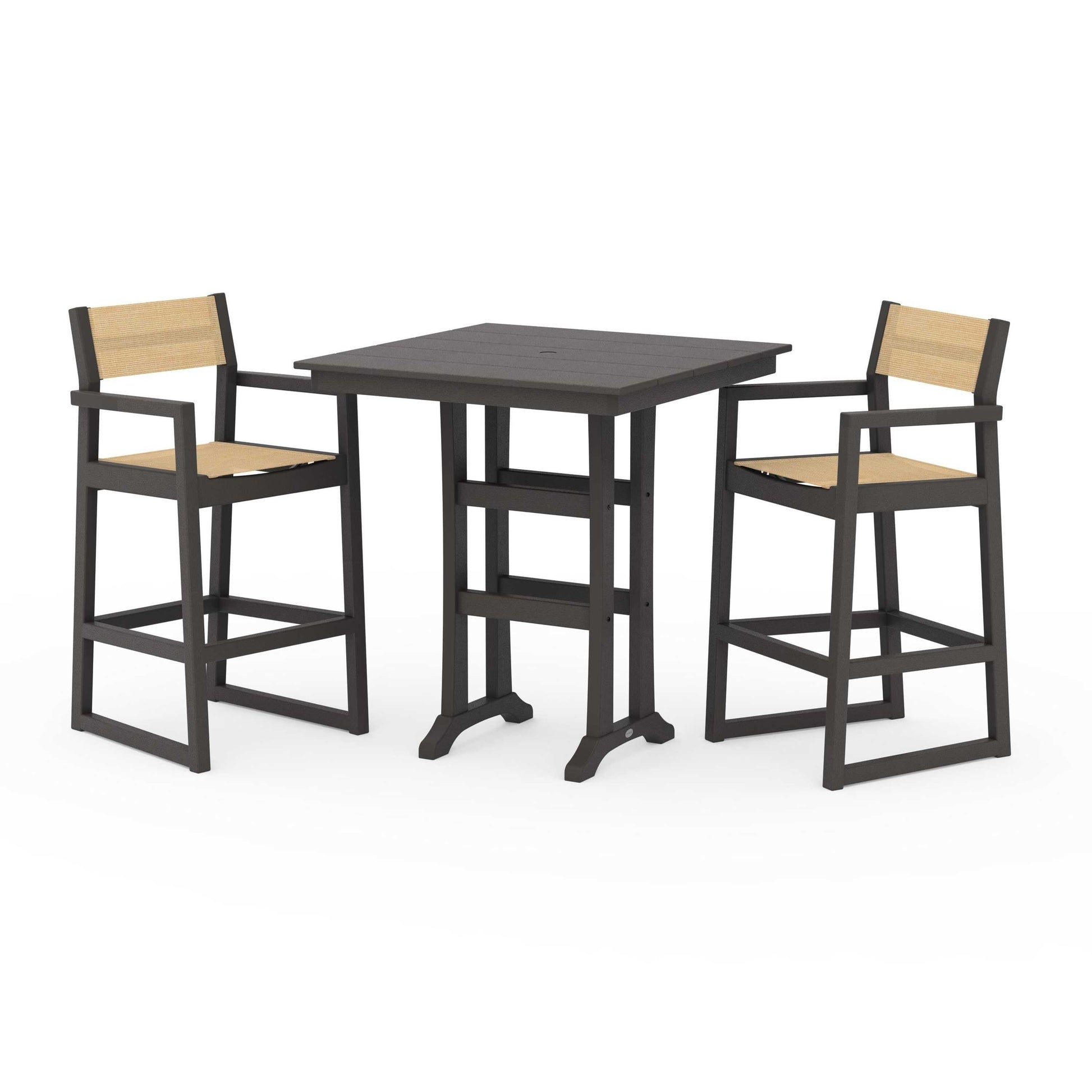 POLYWOOD EDGE Sling Arm Chair 3-Piece Farmhouse Bar Set with Trestle Legs — Vintage Coffee / Dupioni Apricot Sling