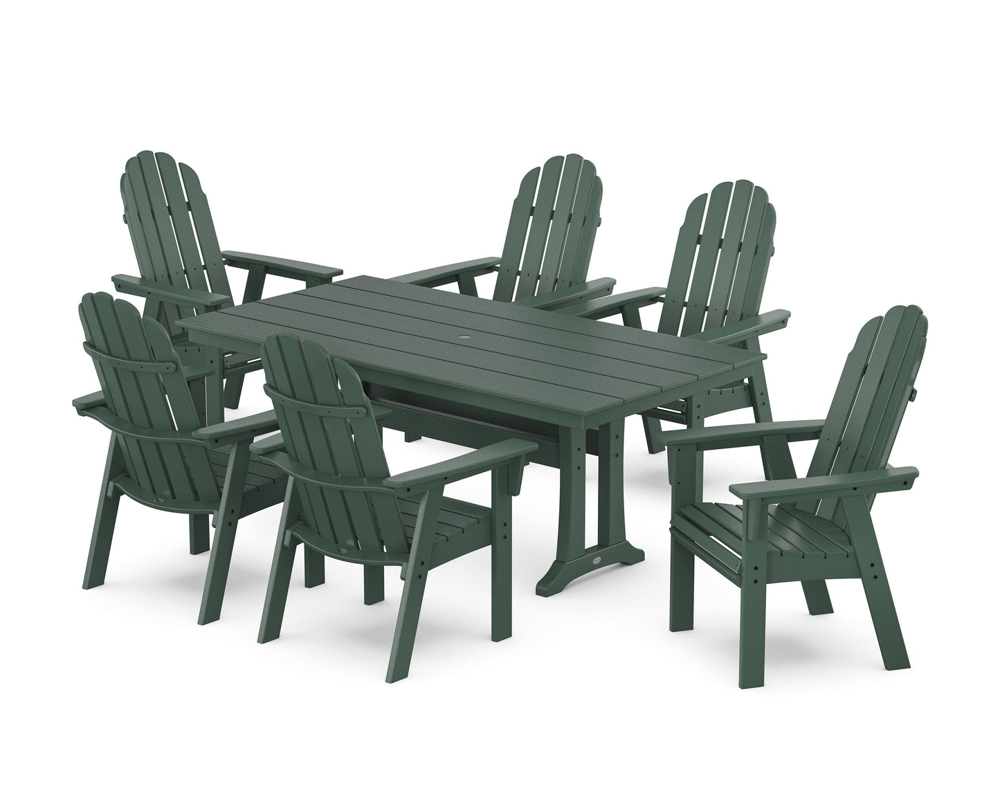 POLYWOOD Vineyard Curveback Adirondack Chair 7-Piece Farmhouse Dining Set with Trestle Legs — Green