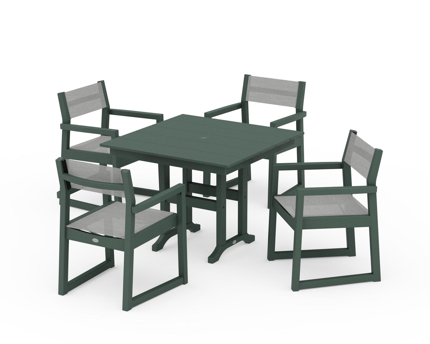 POLYWOOD EDGE Sling Arm Chair 5-Piece Farmhouse Dining Set — Green / Metallic Sling