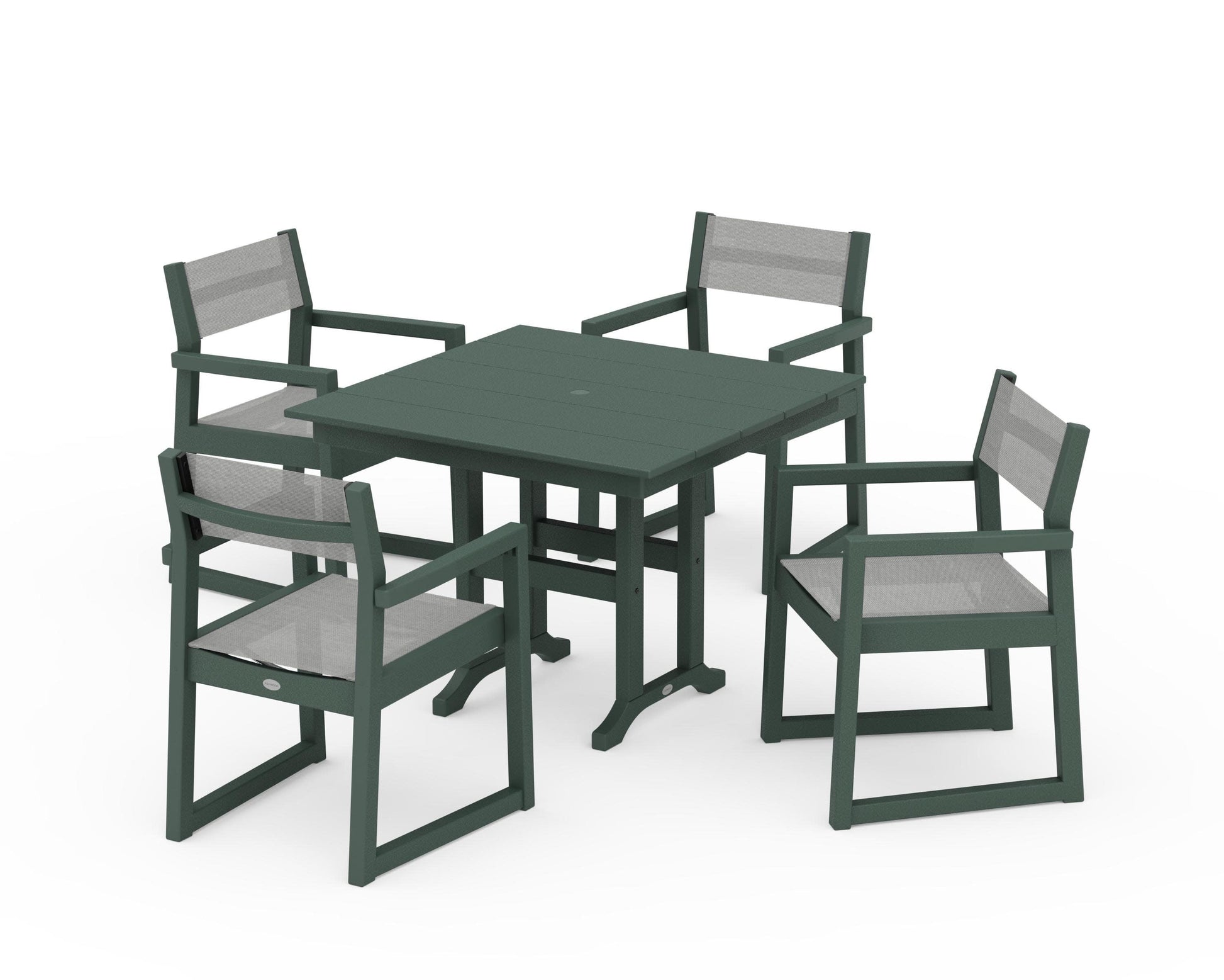 POLYWOOD EDGE Sling Arm Chair 5-Piece Farmhouse Dining Set — Green / Metallic Sling