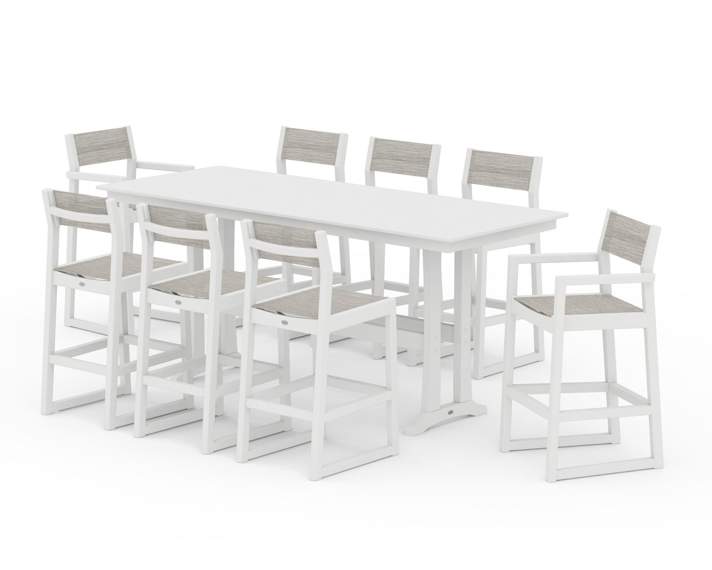 POLYWOOD EDGE Sling 9-Piece Farmhouse Bar Set with Trestle Legs — White / Birch Sling