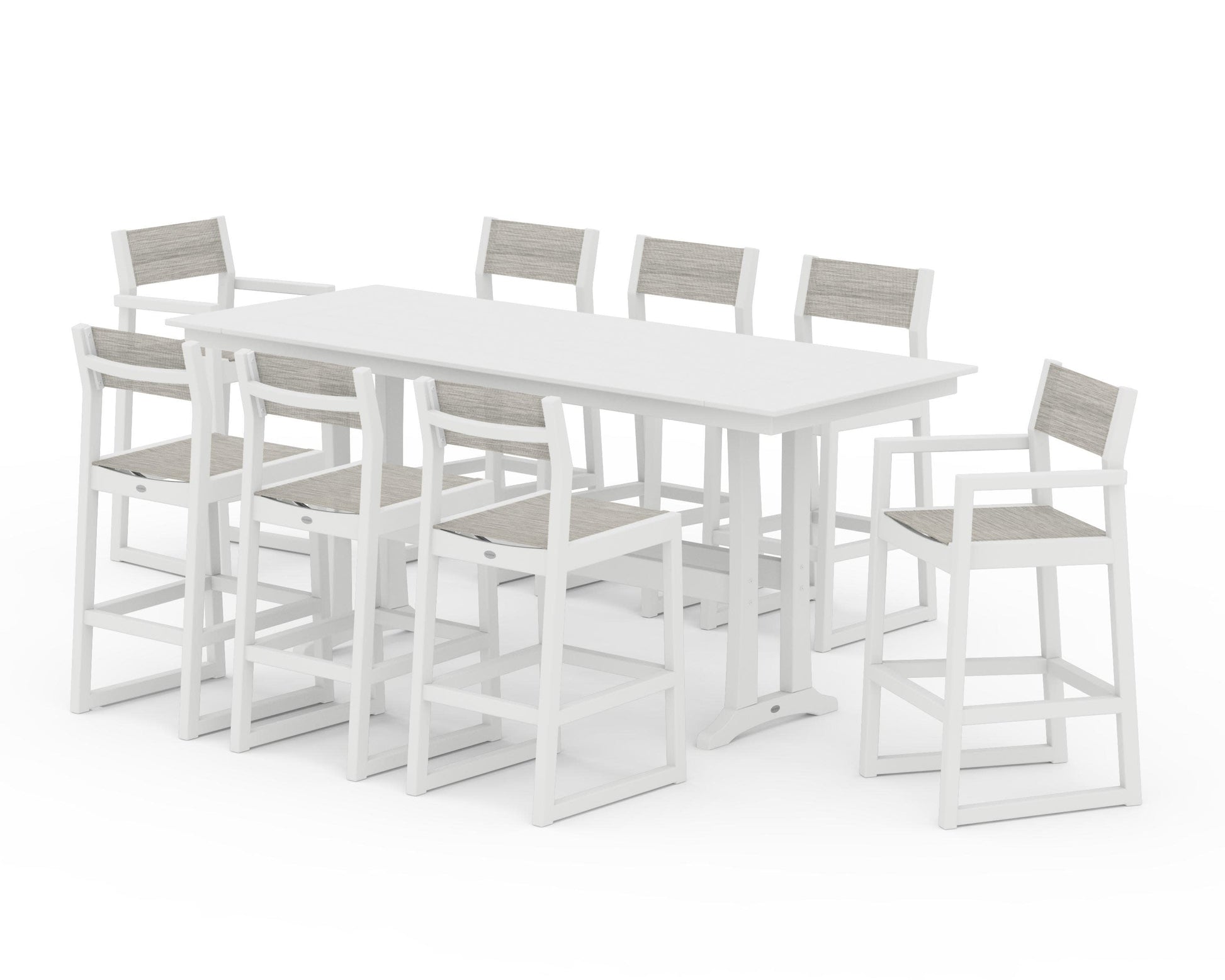 POLYWOOD EDGE Sling 9-Piece Farmhouse Bar Set with Trestle Legs — White / Birch Sling