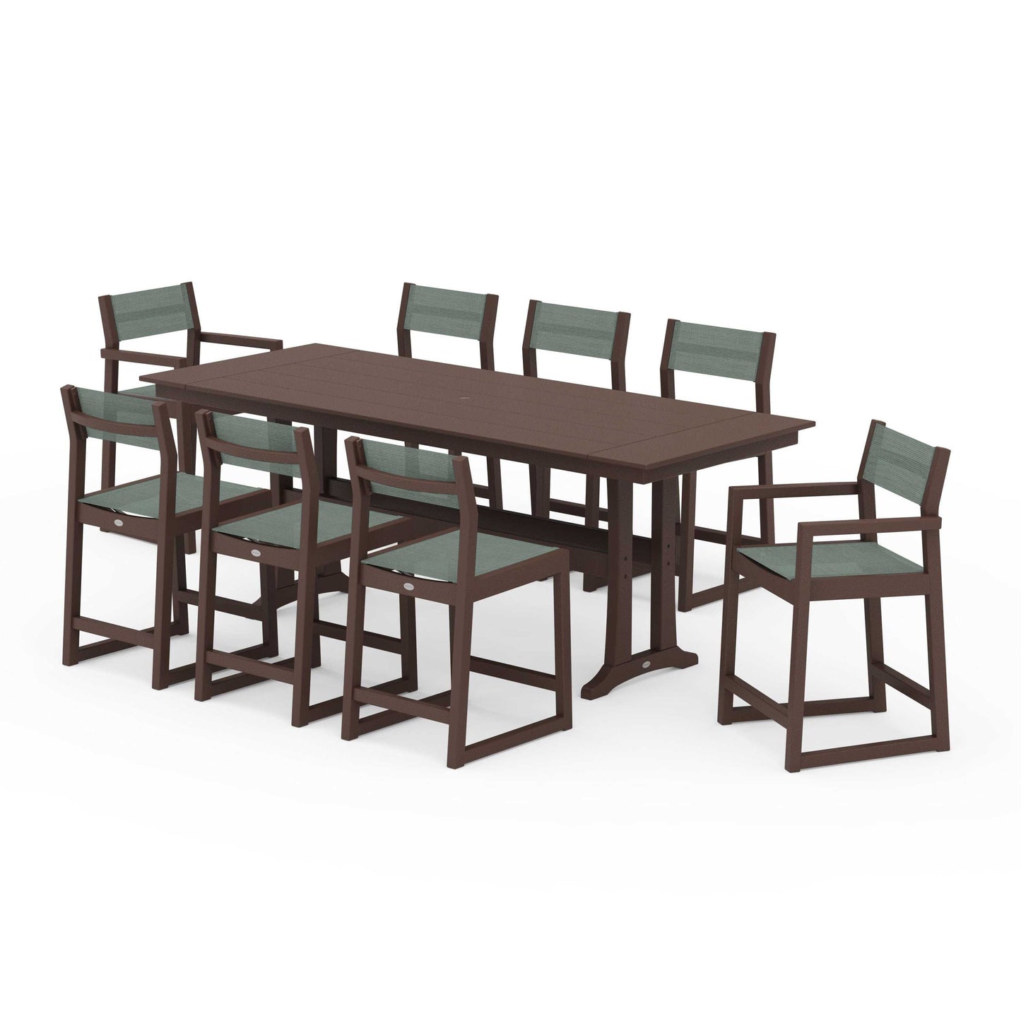POLYWOOD EDGE Sling 9-Piece Farmhouse Counter Set with Trestle Legs — Mahogany / Dupioni Sea Mist Sling