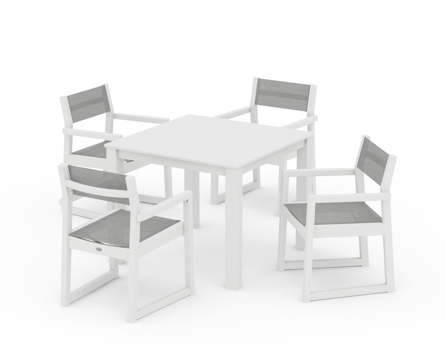 POLYWOOD EDGE Sling Arm Chair 5-Piece Parsons Dining Set — White / Metallic Sling