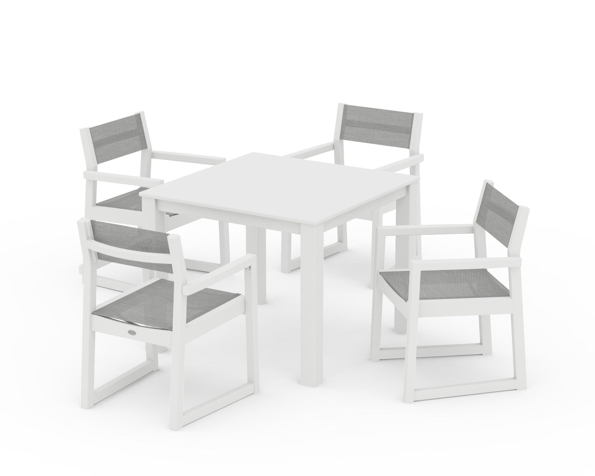 POLYWOOD EDGE Sling Arm Chair 5-Piece Parsons Dining Set — White / Metallic Sling