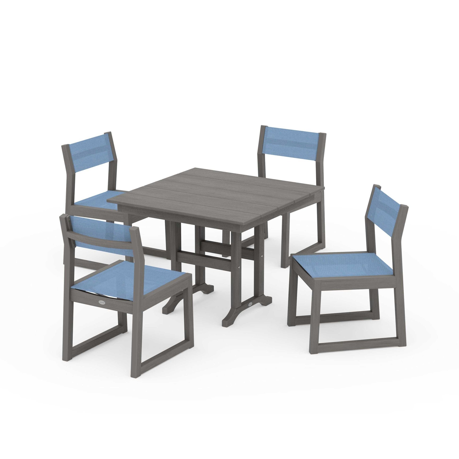 POLYWOOD EDGE Sling Side Chair 5-Piece Farmhouse Dining Set — Driftwood / Poolside Sling
