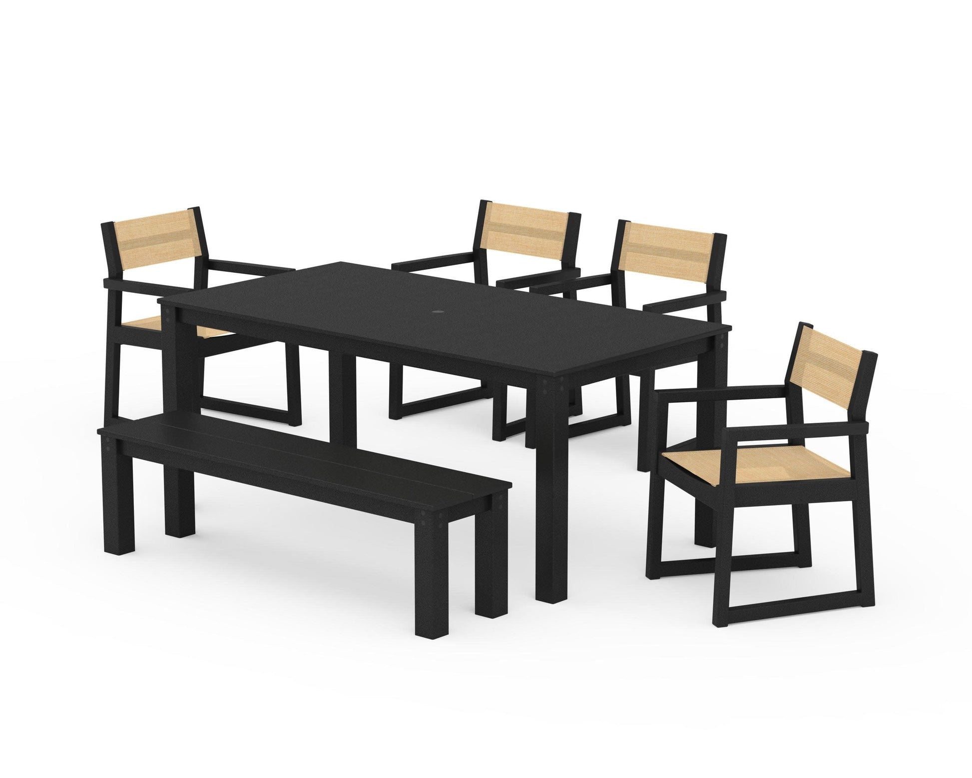 POLYWOOD EDGE Sling Arm Chair 6-Piece Parsons Dining Set with Bench — Black / Dupioni Apricot Sling