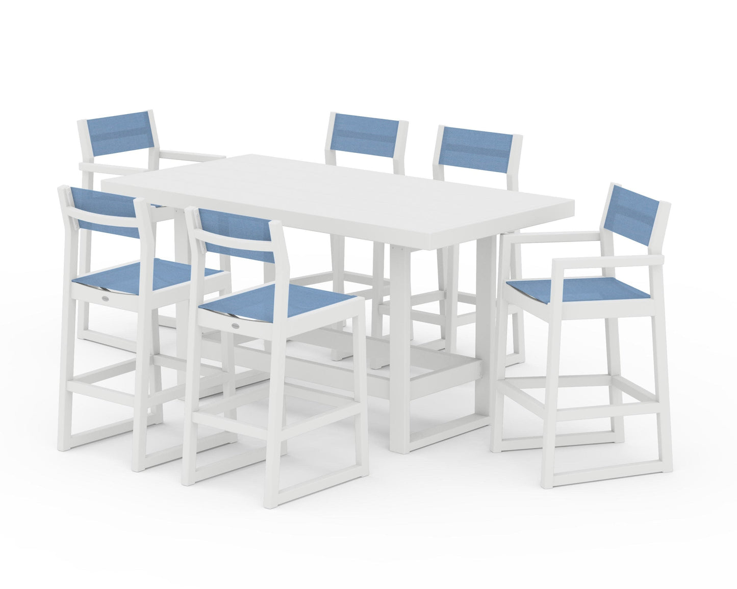 POLYWOOD EDGE Sling 7-Piece Bar Table Set — White / Poolside Sling
