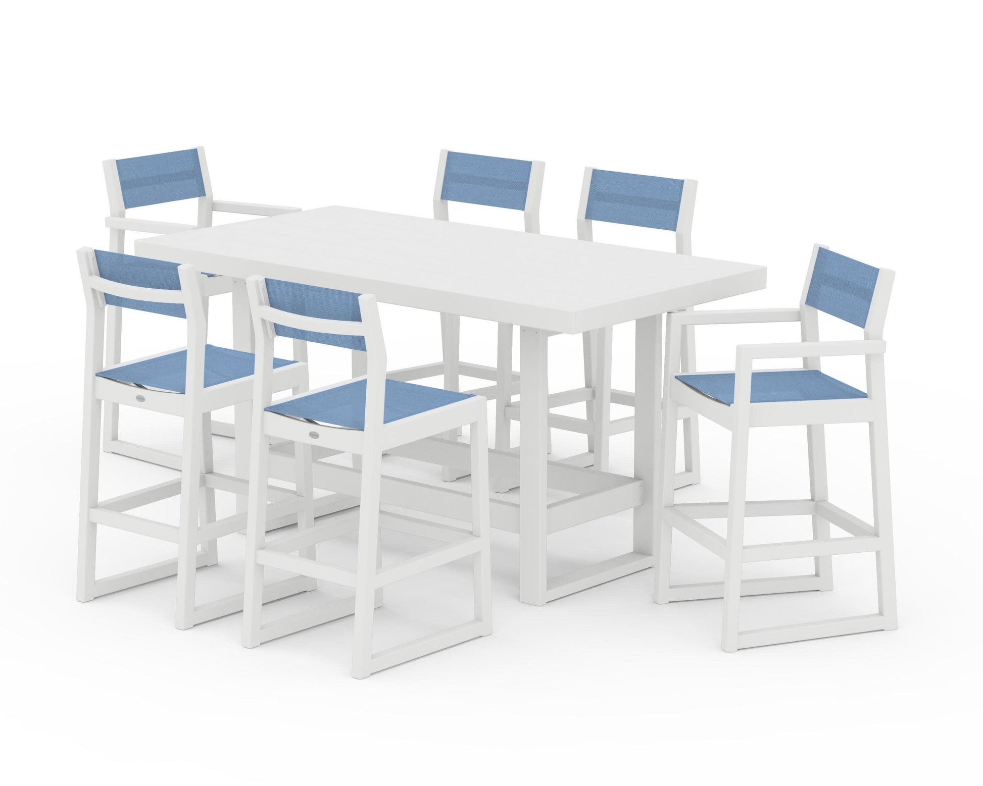 POLYWOOD EDGE Sling 7-Piece Bar Table Set — White / Poolside Sling