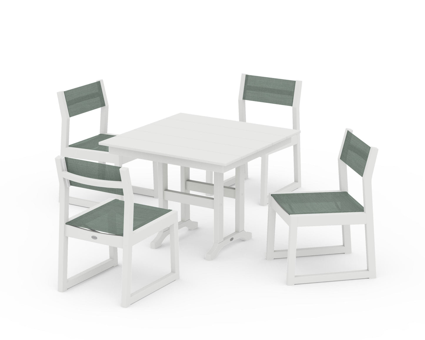 POLYWOOD EDGE Sling Side Chair 5-Piece Farmhouse Dining Set — Vintage White / Dupioni Sea Mist Sling