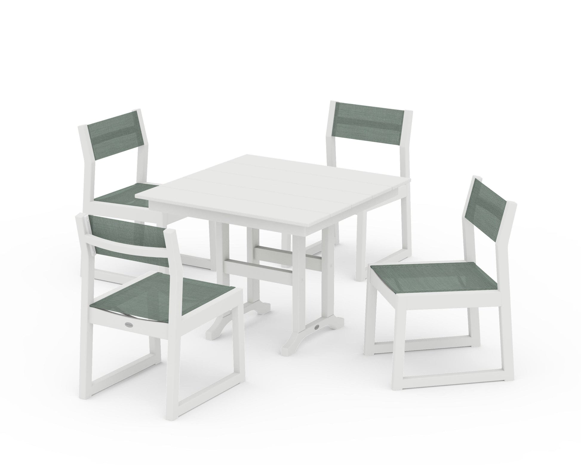POLYWOOD EDGE Sling Side Chair 5-Piece Farmhouse Dining Set — Vintage White / Dupioni Sea Mist Sling