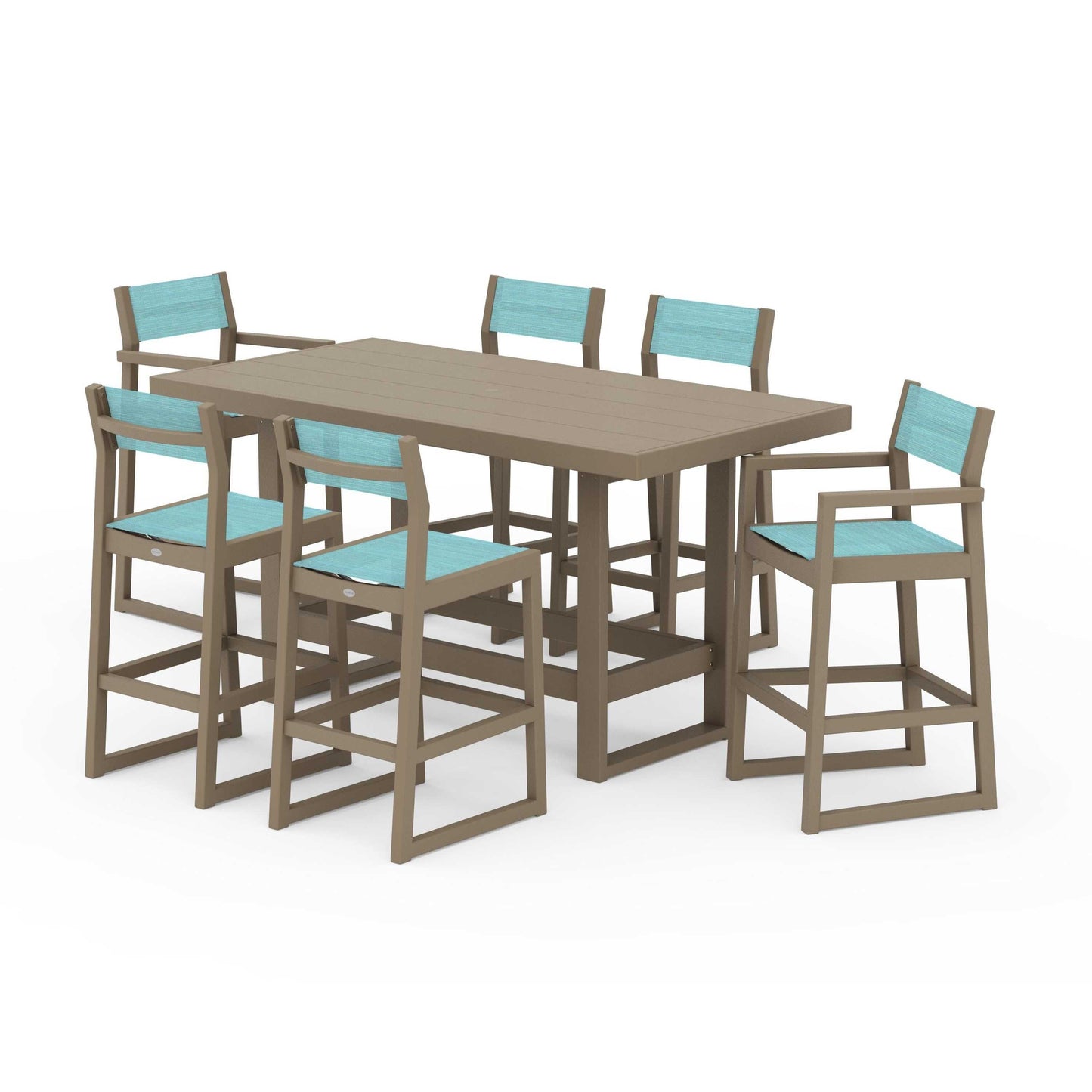 POLYWOOD EDGE Sling 7-Piece Bar Table Set — Vintage Sahara / Dupioni Aquamarine Sling