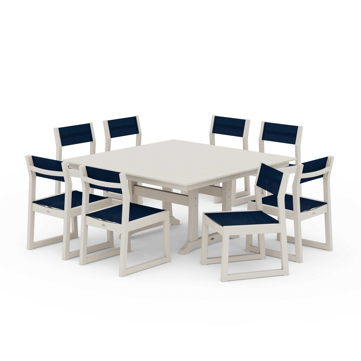 POLYWOOD EDGE Sling Side Chair 9-Piece Farmhouse Trestle Dining Set — Sand / Navy Blue Sling