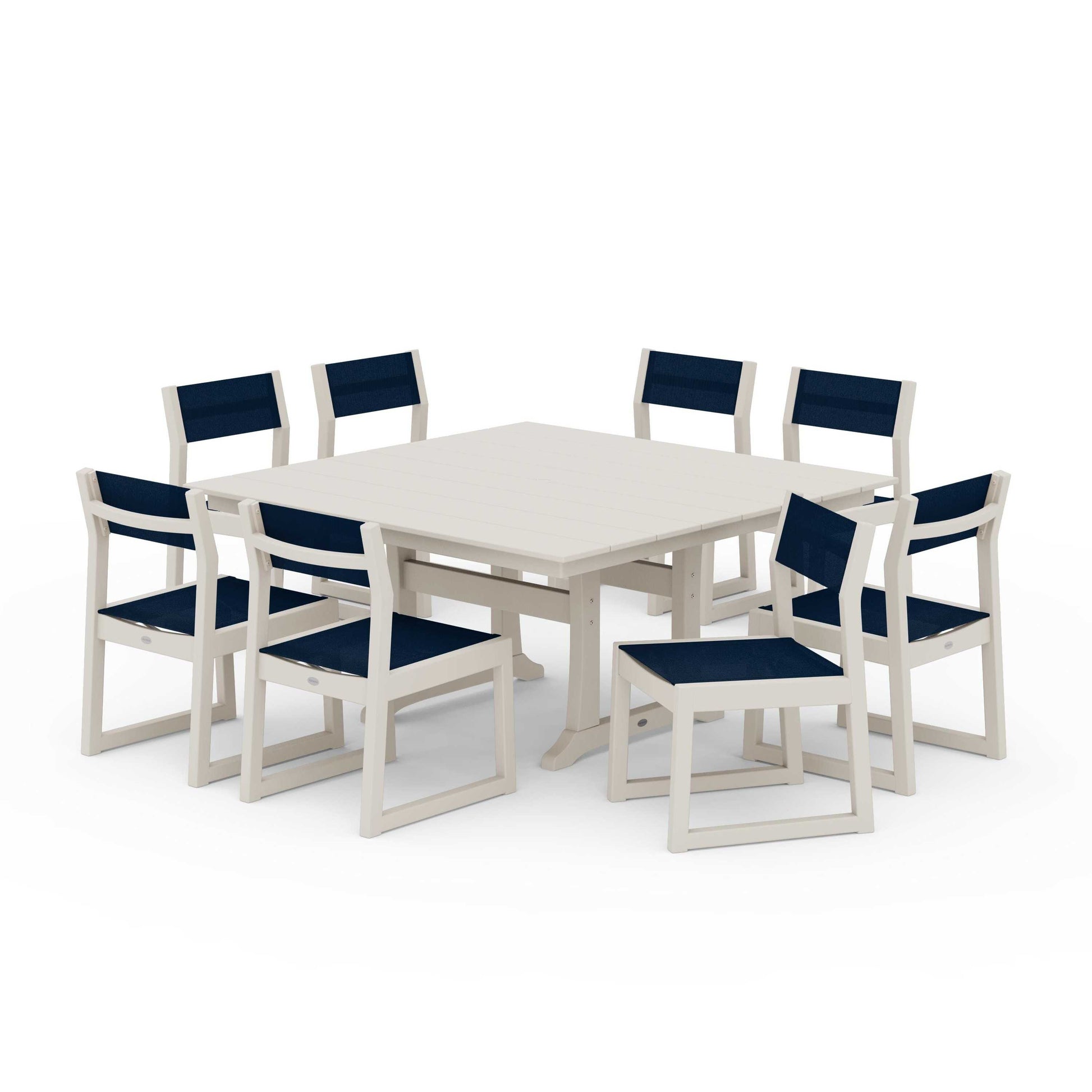 POLYWOOD EDGE Sling Side Chair 9-Piece Farmhouse Trestle Dining Set — Sand / Navy Blue Sling