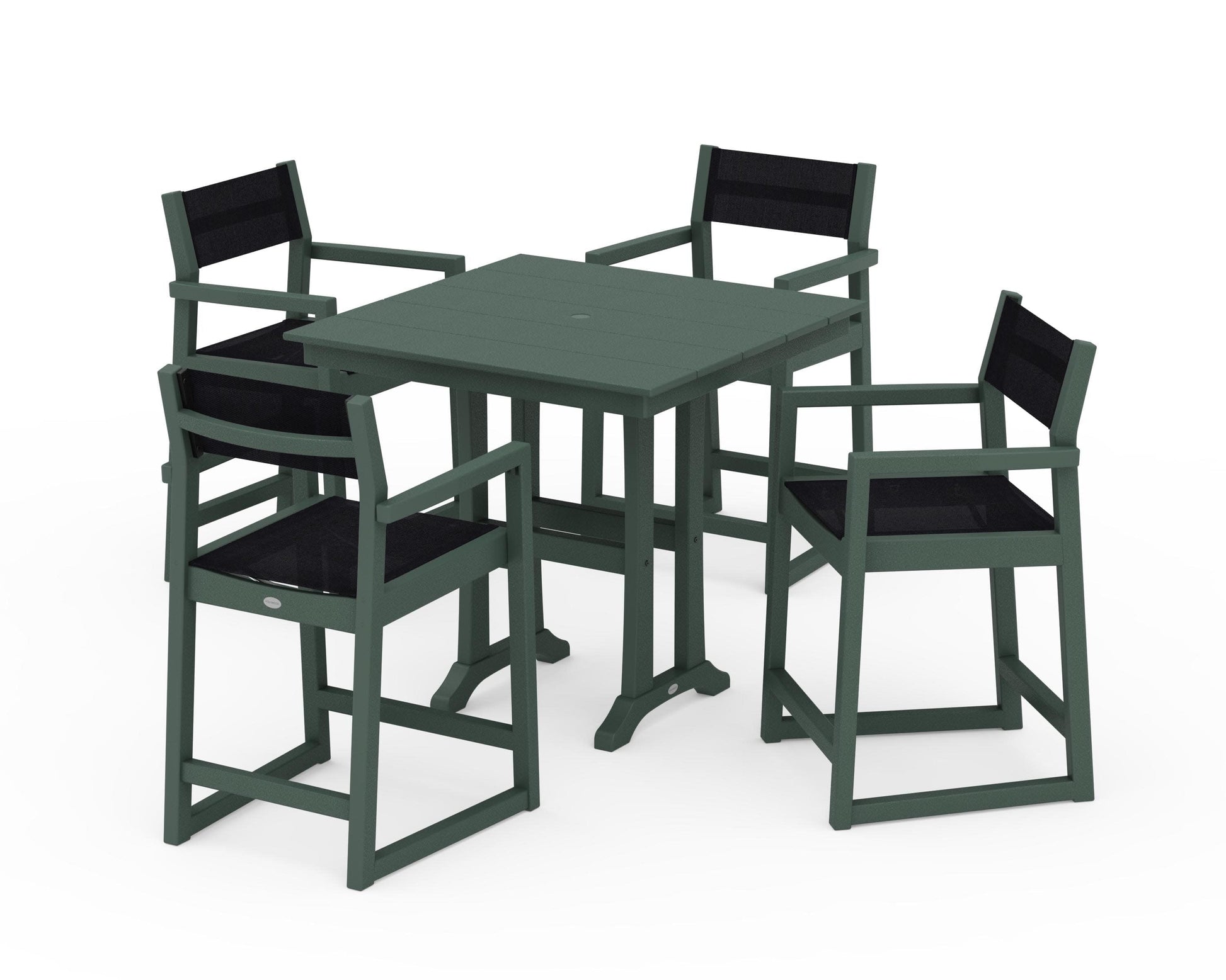 POLYWOOD EDGE Sling Arm Chair 5-Piece Farmhouse Counter Set with Trestle Legs — Green / Black Sling