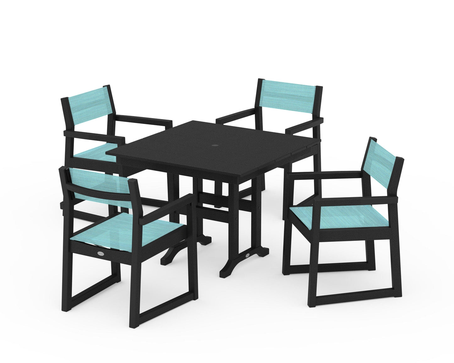POLYWOOD EDGE Sling Arm Chair 5-Piece Farmhouse Dining Set — Black / Dupioni Aquamarine Sling