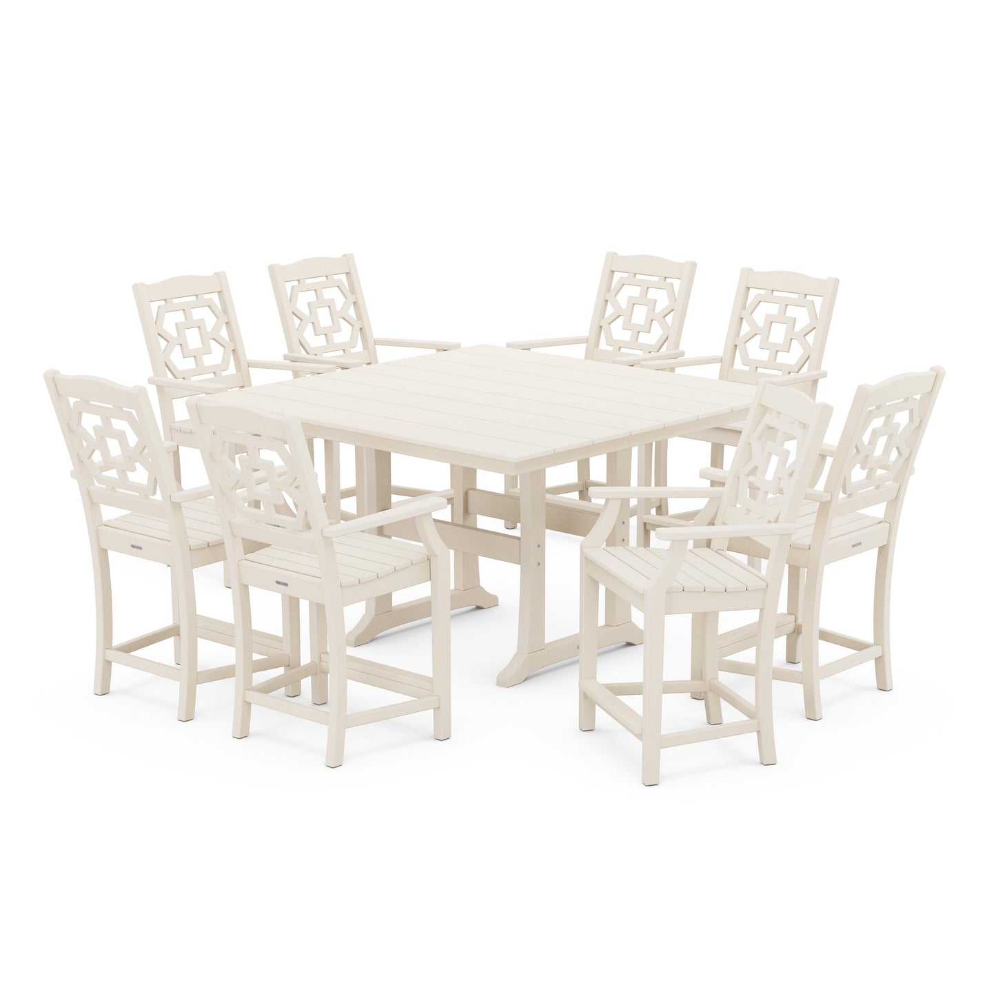 POLYWOOD Chinoiserie 9-Piece Square Farmhouse Counter Set with Trestle Legs — Sand