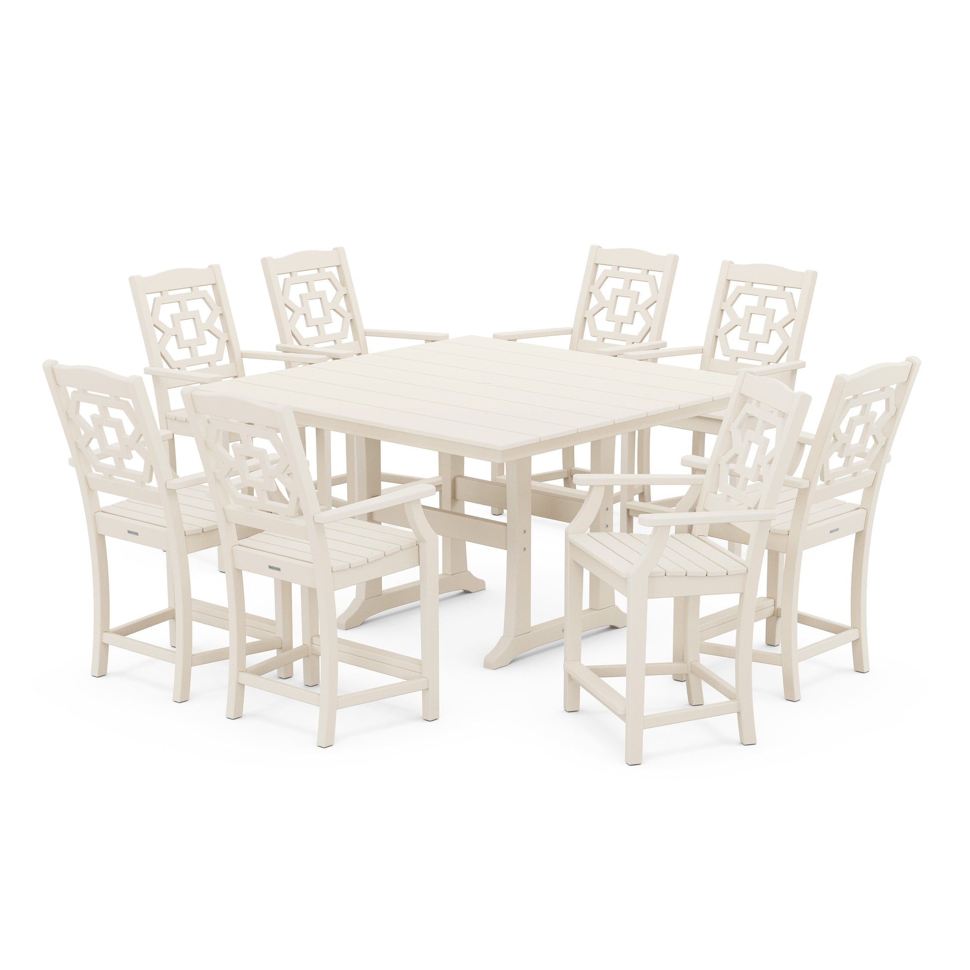 POLYWOOD Chinoiserie 9-Piece Square Farmhouse Counter Set with Trestle Legs — Sand