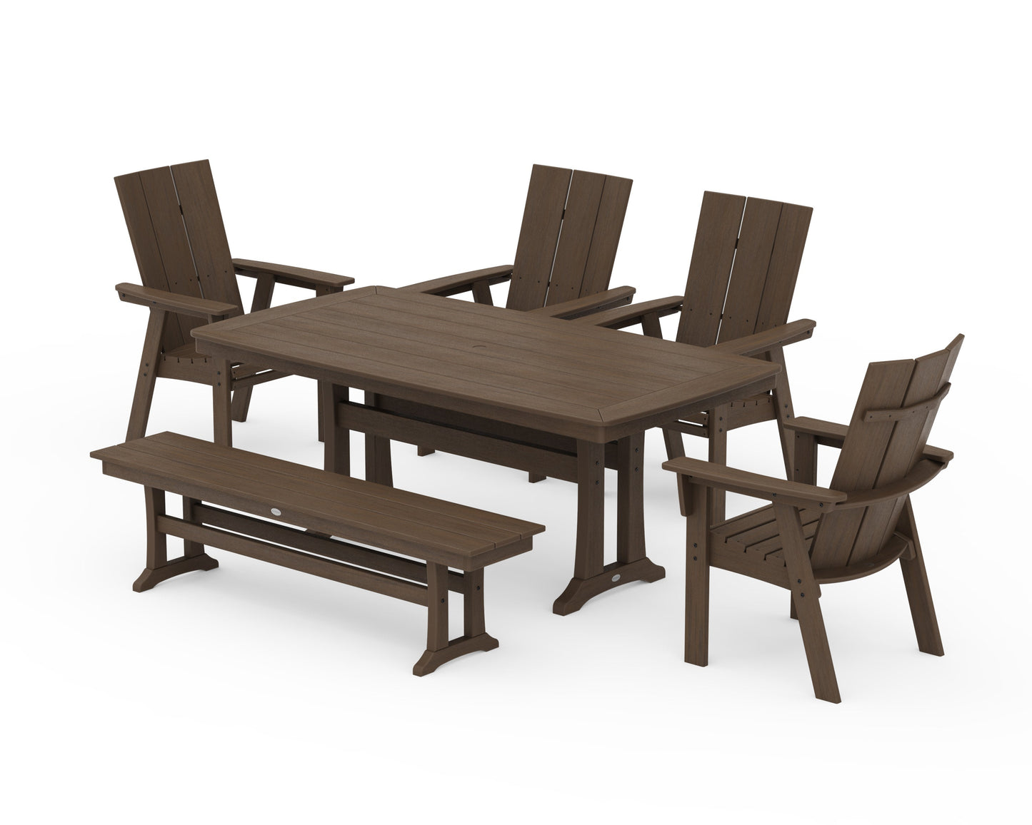 POLYWOOD Modern Curveback Adirondack 6-Piece Farmhouse Dining Set with Trestle Legs and Bench — Kona