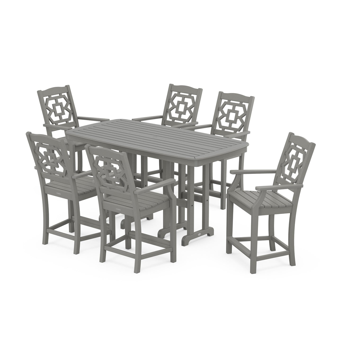 POLYWOOD Chinoiserie Arm Chair 7-Piece Counter Set — Slate Grey